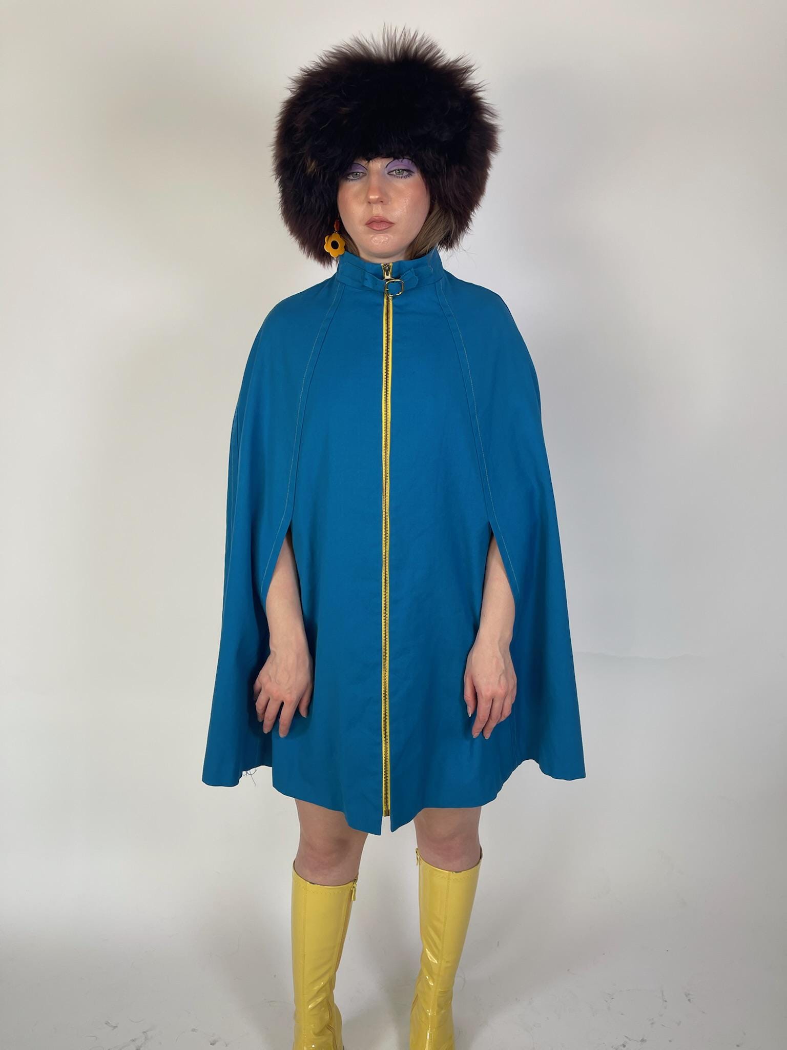 Vintage 60s Blue Poncho Cape - Fits Most Sizes