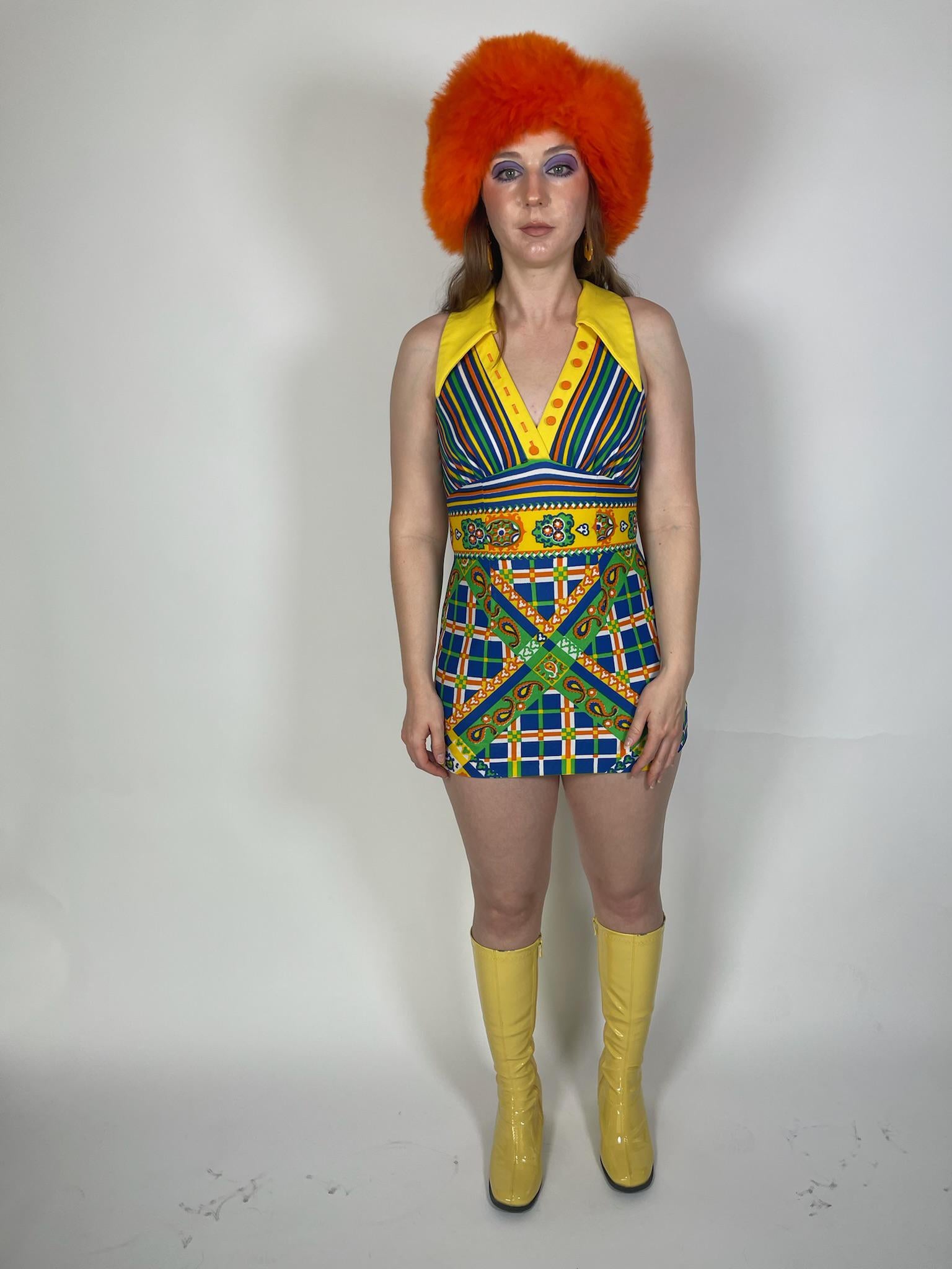 Vintage 60s 70s Mel Warshaw for Miss Jane Miami Yellow Dagger Collar Cage Back Mini Dress - Fits Size Xs-S Vintage 60s 70s Mel Warshaw for Miss Jane Miami Yellow Dagger Collar Cage Back Mini Dress - Fits Size Xs-S