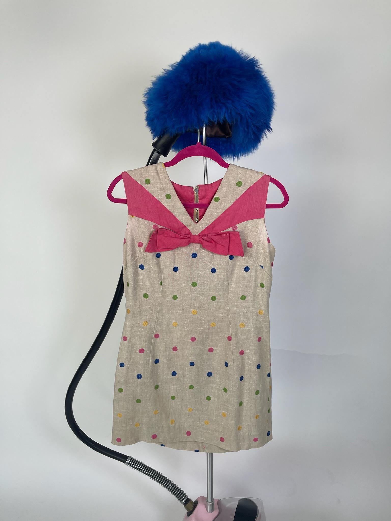 VIntage 60s Tan Mini Dress With Embroidered Polka Dots - Fits Size XS-S