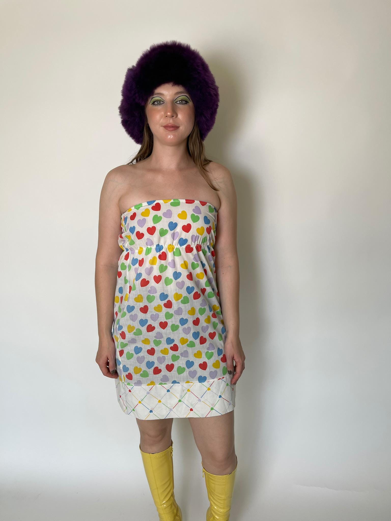 Vintage 70s Strapless Cotton Heart Print Mini Dress - Fits Size XS-S