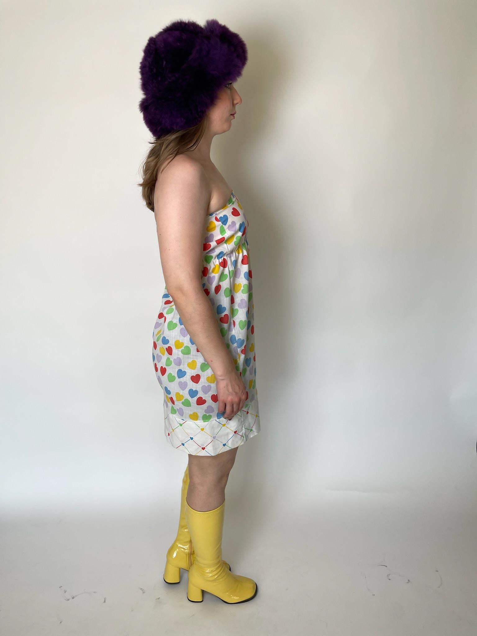 Vintage 70s Strapless Cotton Heart Print Mini Dress - Fits Size XS-S