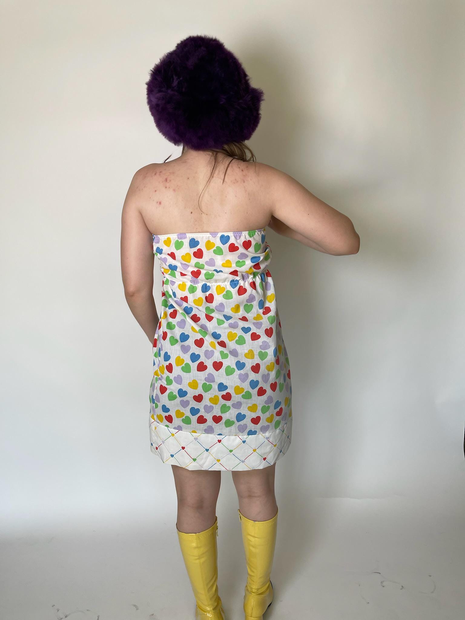 Vintage 70s Strapless Cotton Heart Print Mini Dress - Fits Size XS-S
