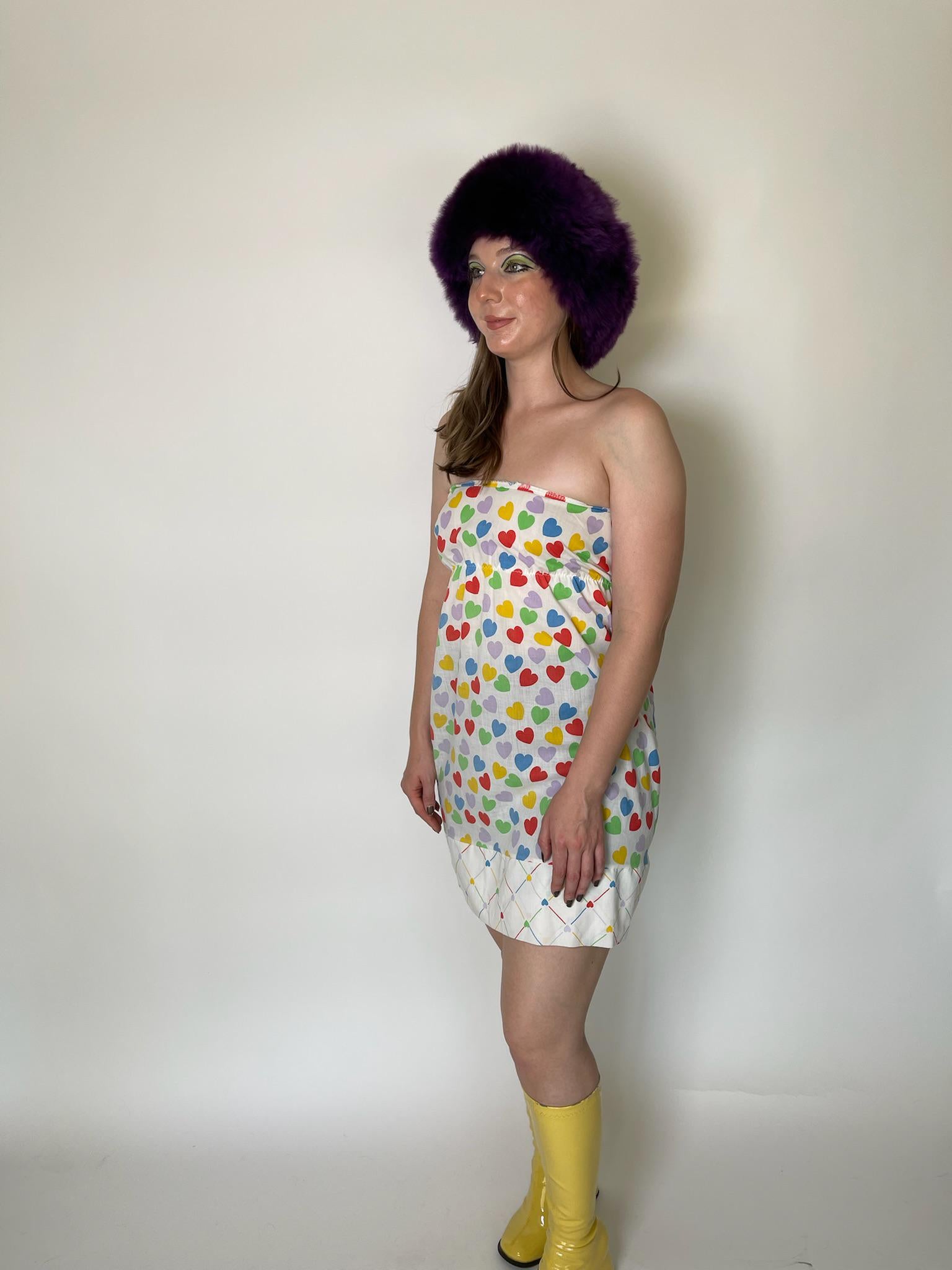 Vintage 70s Strapless Cotton Heart Print Mini Dress - Fits Size XS-S