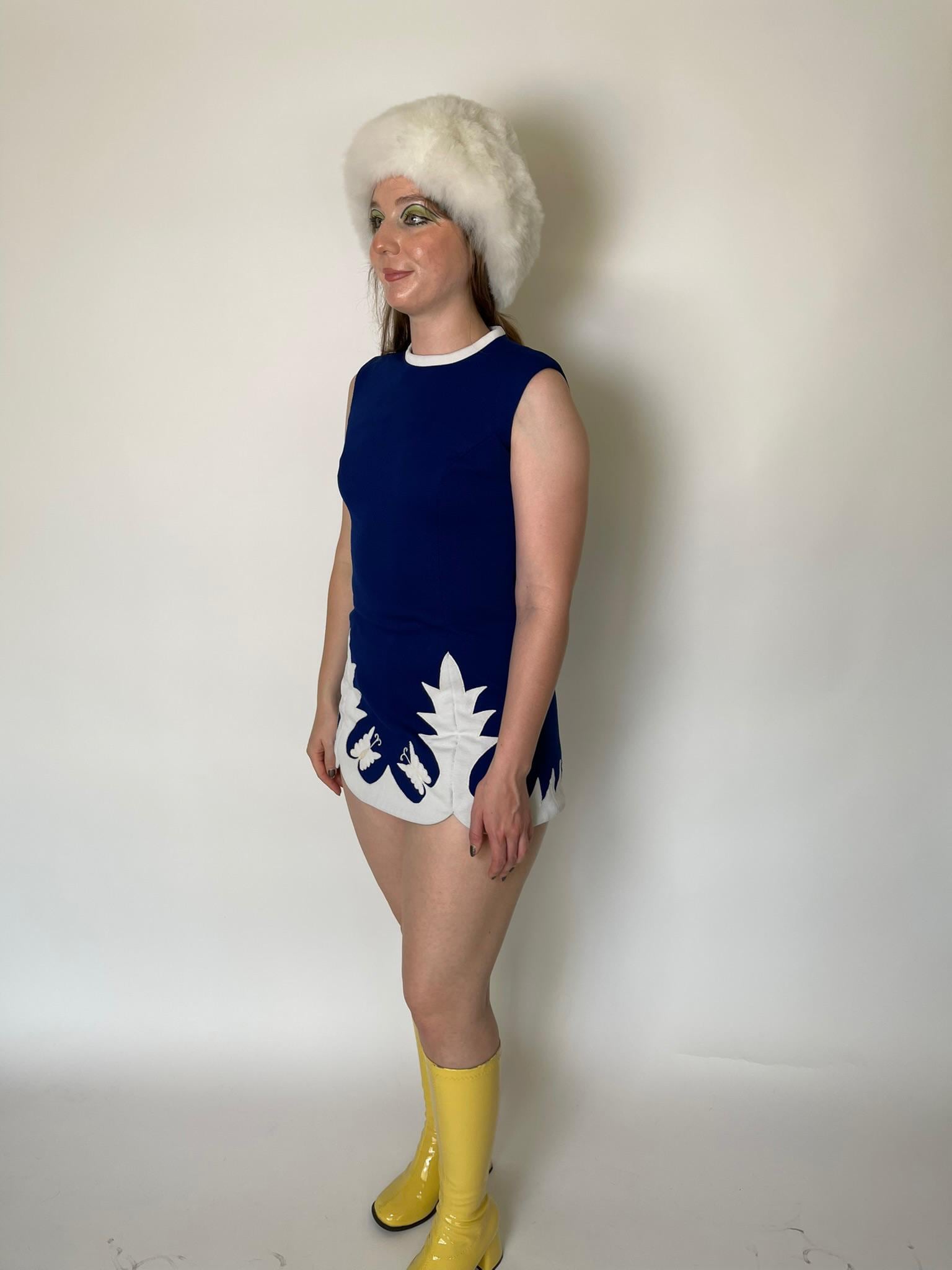 Vintage 60s Blue And White Tunic Dress - Fits Size XS