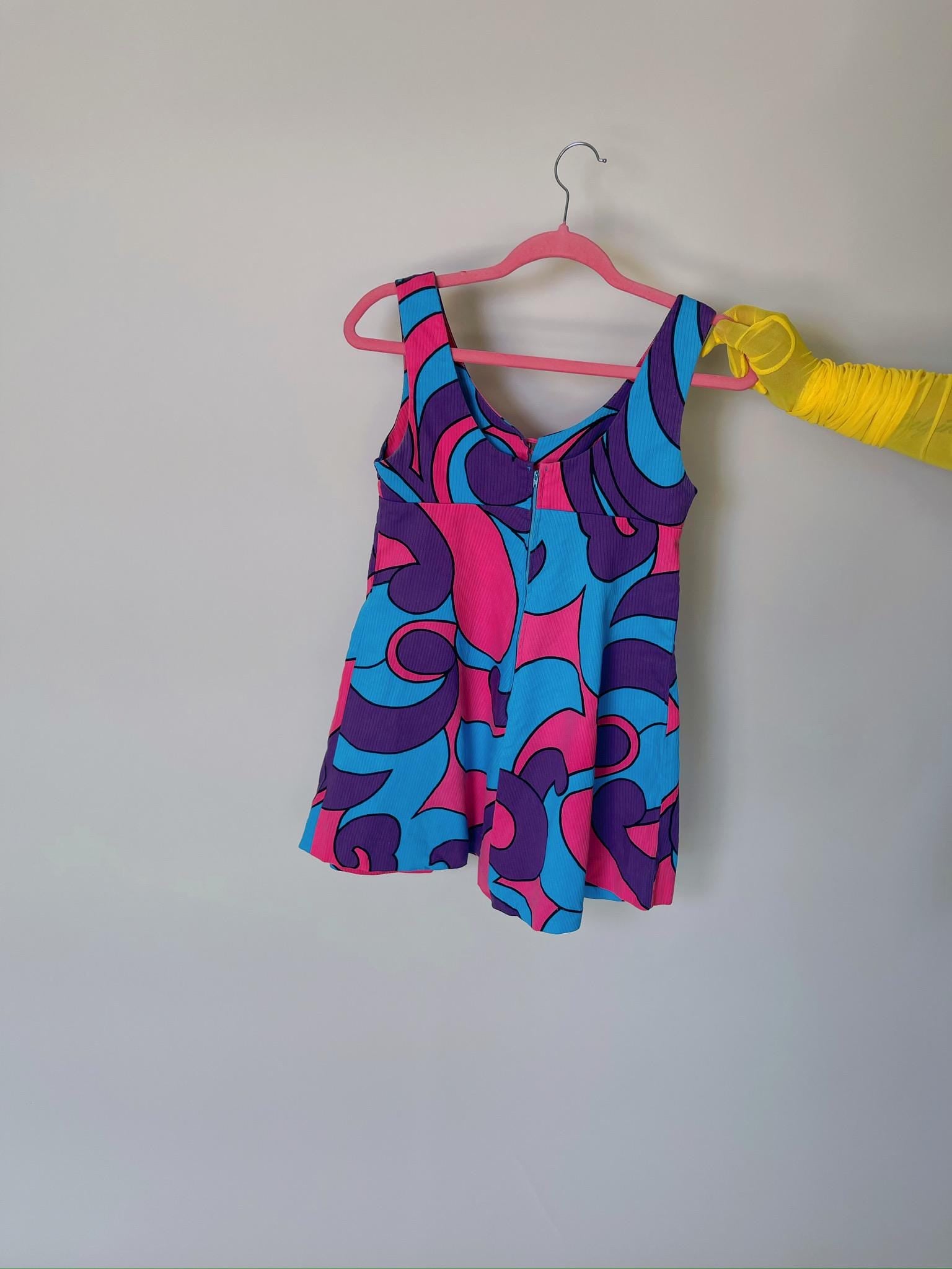 Vintage 60s "Malama Hawaii" Blue Pink & Purple Mini Dress - Fits Size XS-S