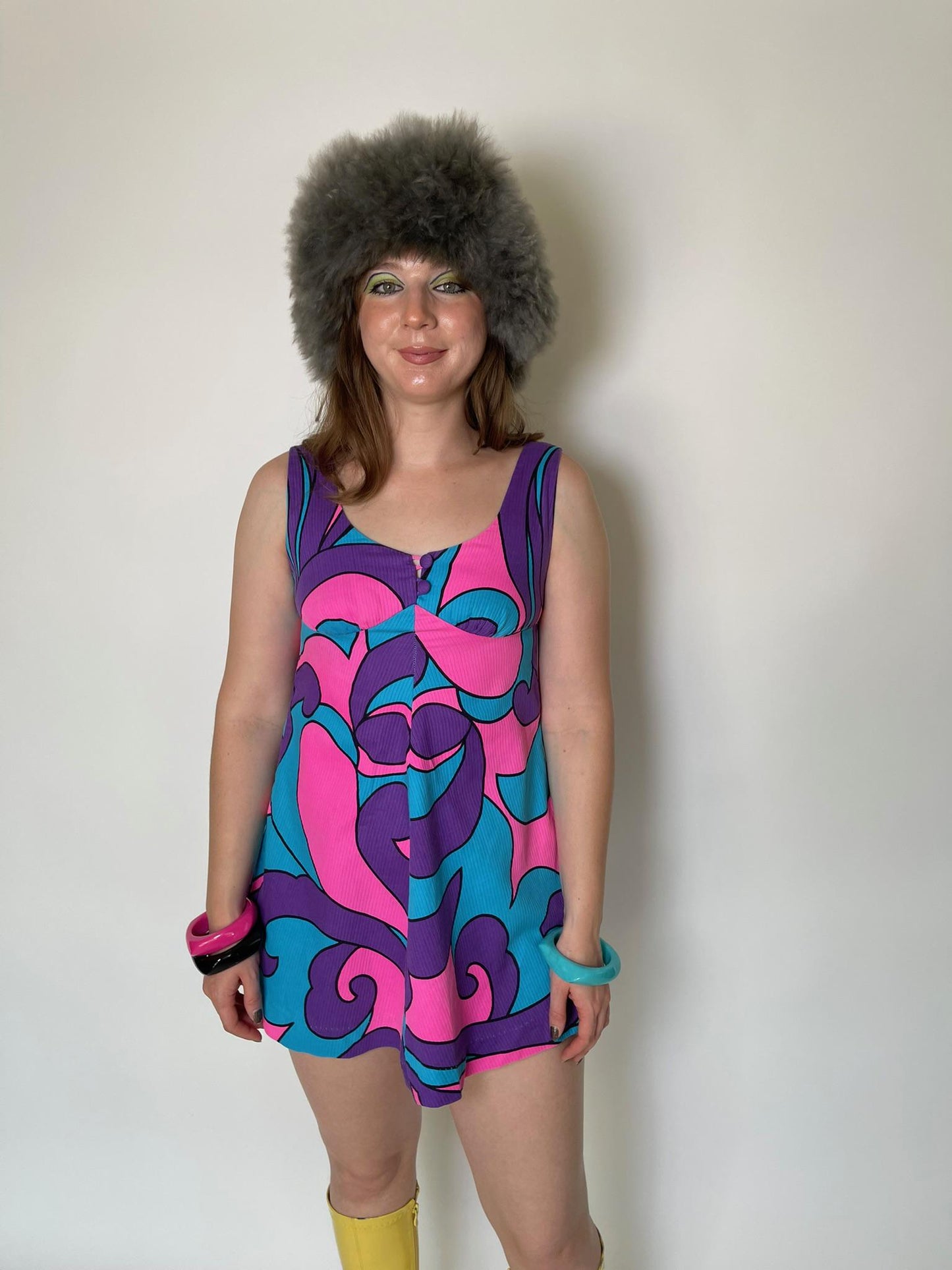 Vintage 60s "Malama Hawaii" Blue Pink & Purple Mini Dress - Fits Size XS-S