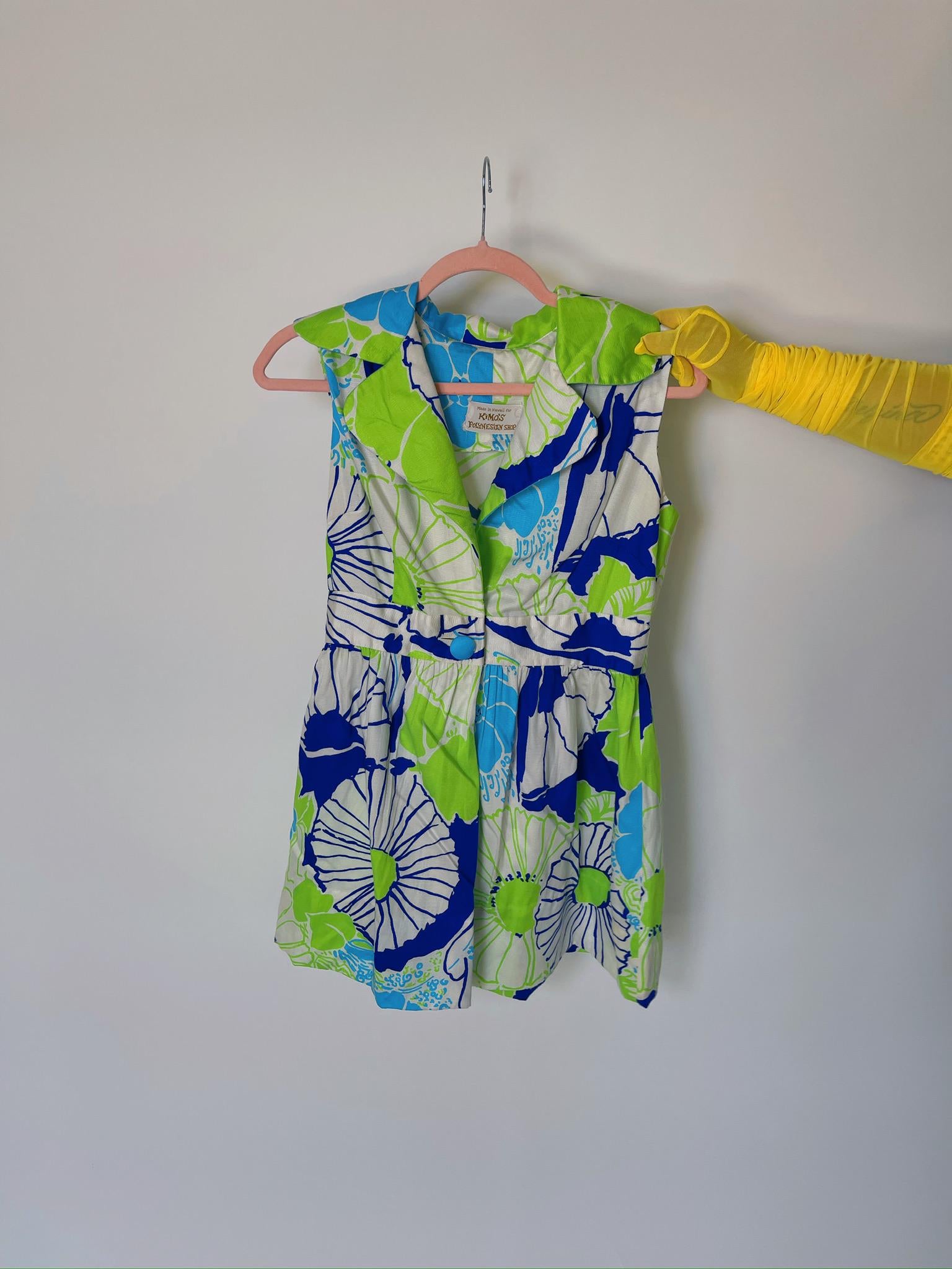 Vintage 60s Made In Hawaii Neon Green And Blue Mini Dress - Fits Size S-M
