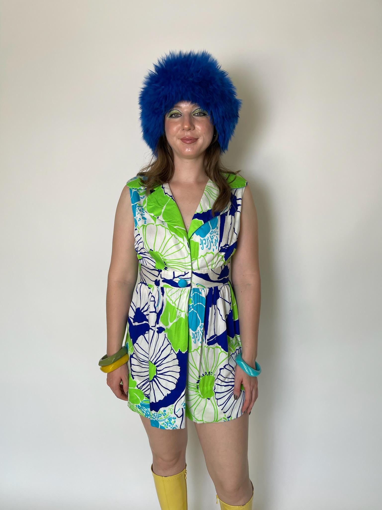 Vintage 60s Made In Hawaii Neon Green And Blue Mini Dress - Fits Size S-M