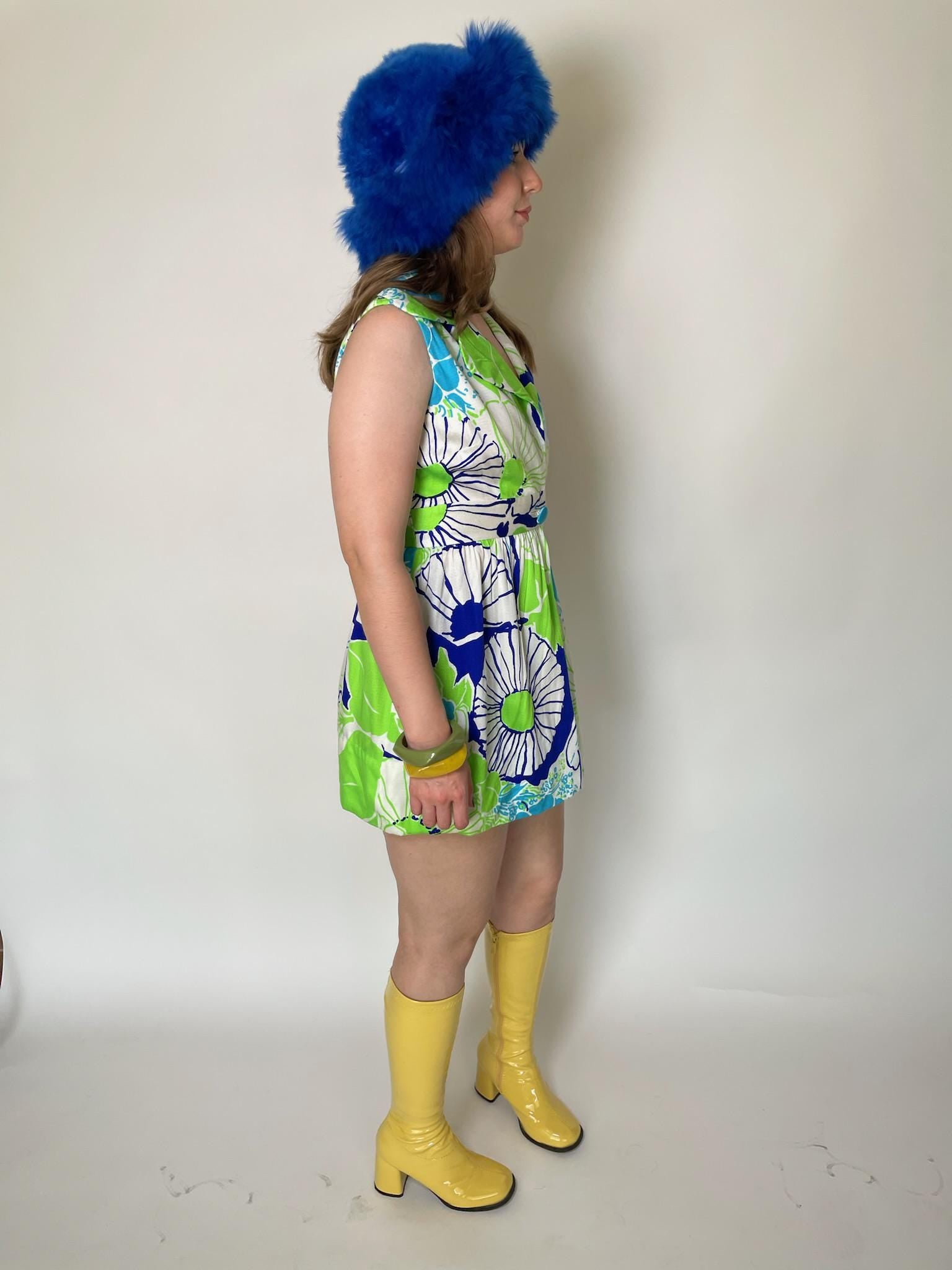 Vintage 60s Made In Hawaii Neon Green And Blue Mini Dress - Fits Size S-M
