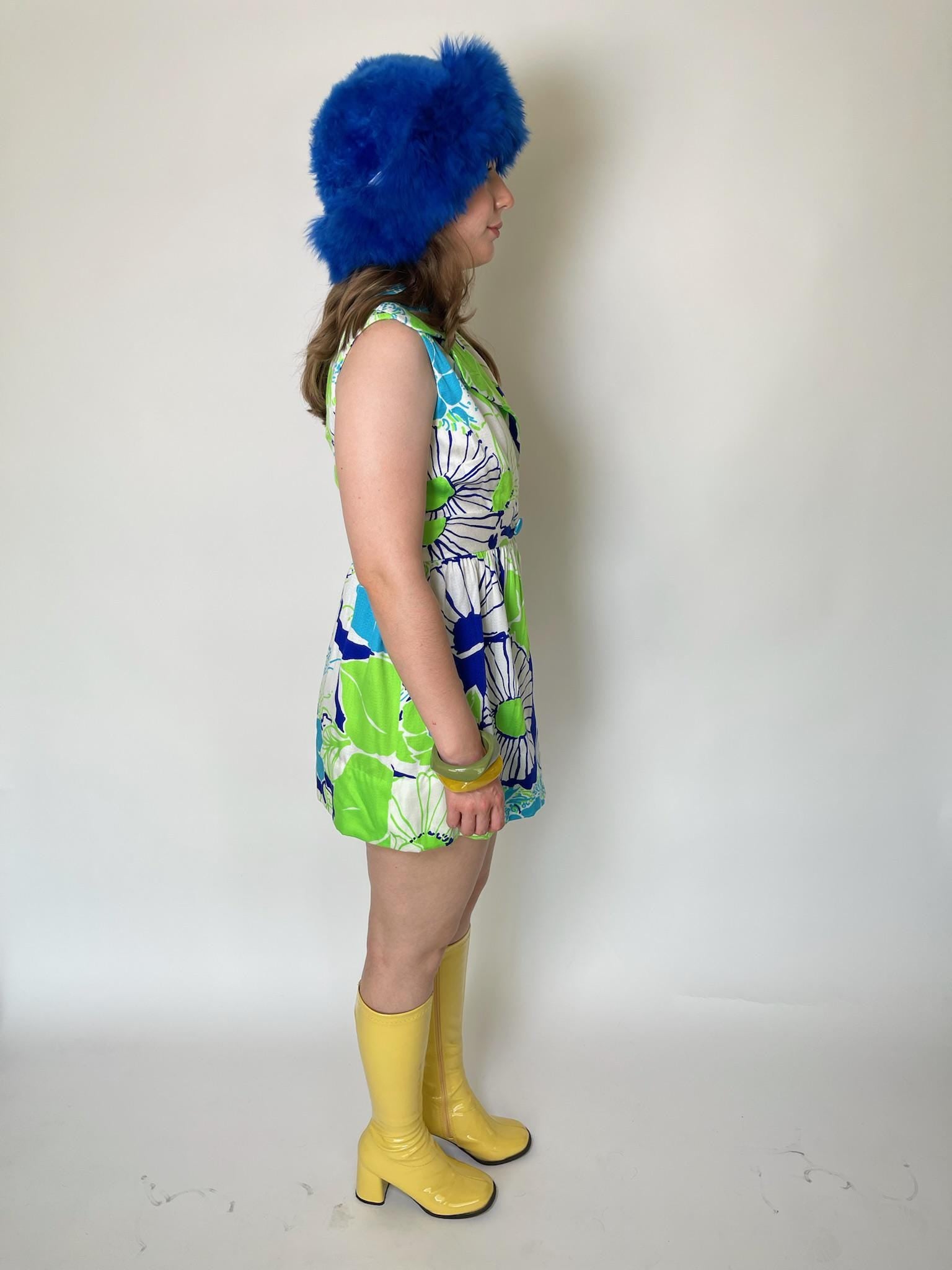 Vintage 60s Made In Hawaii Neon Green And Blue Mini Dress - Fits Size S-M