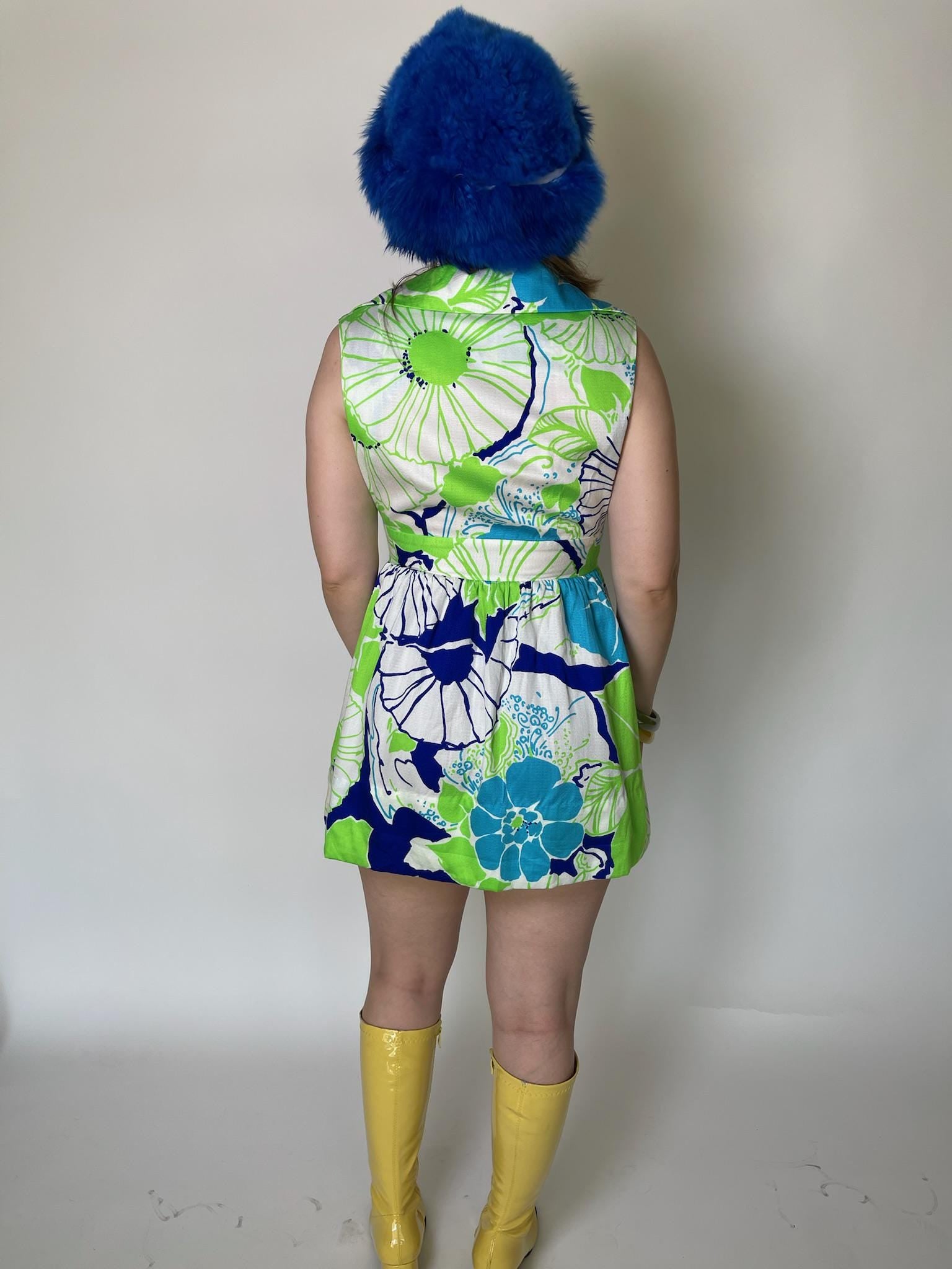 Vintage 60s Made In Hawaii Neon Green And Blue Mini Dress - Fits Size S-M