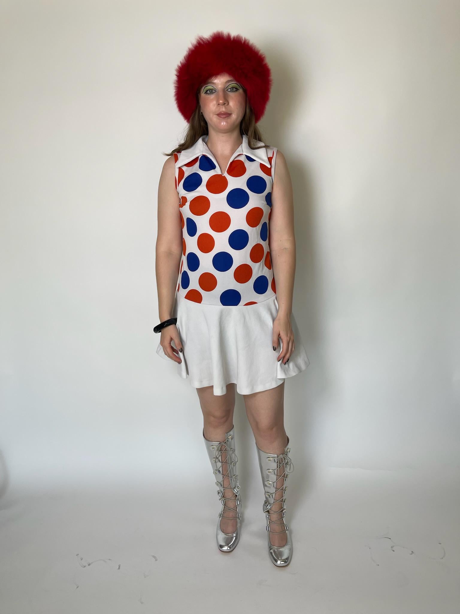 Vintage 60s Red And Blue Polka Dot Drop Waist Dress - Fits Size S-M