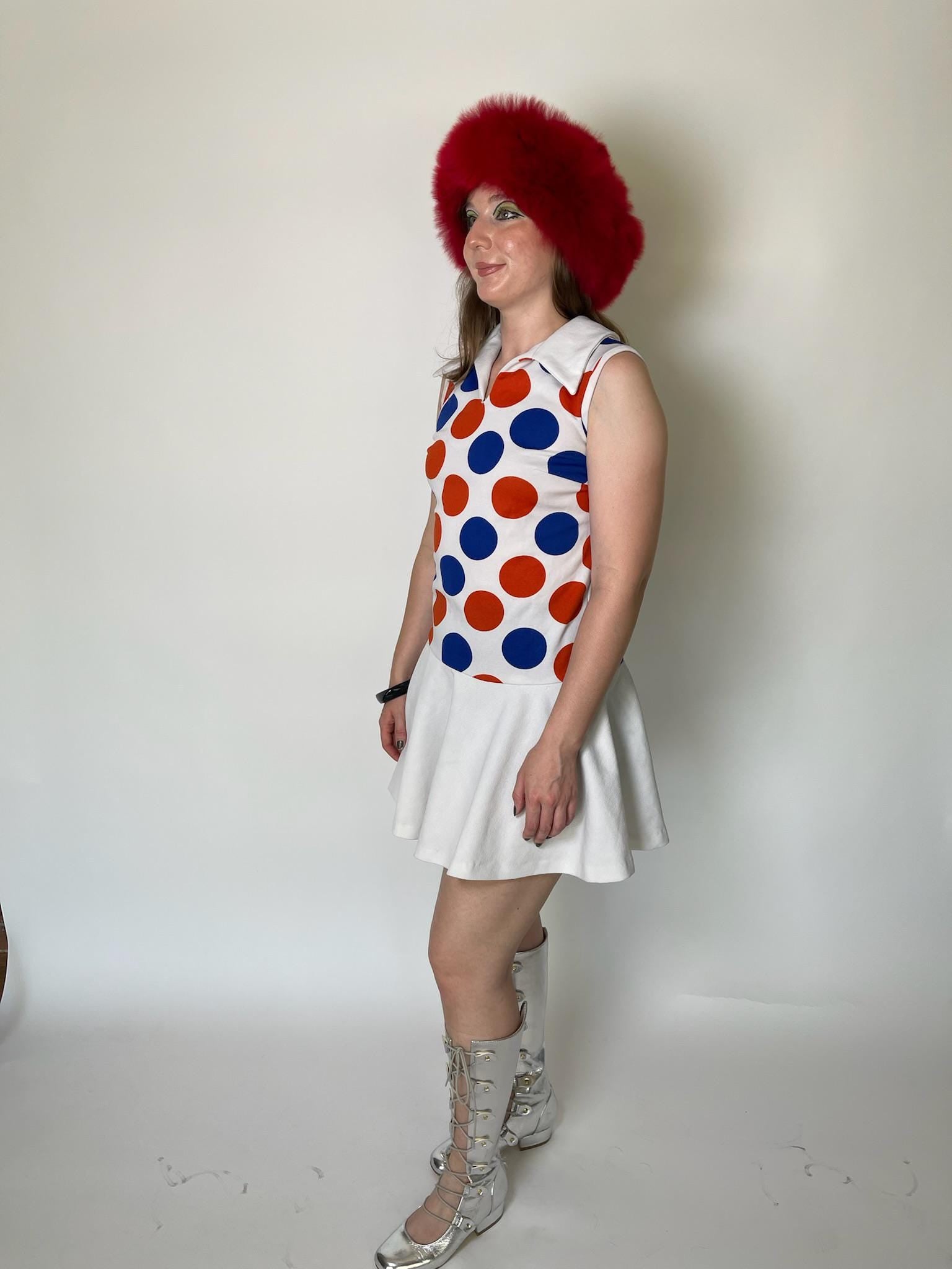 Vintage 60s Red And Blue Polka Dot Drop Waist Dress - Fits Size S-M