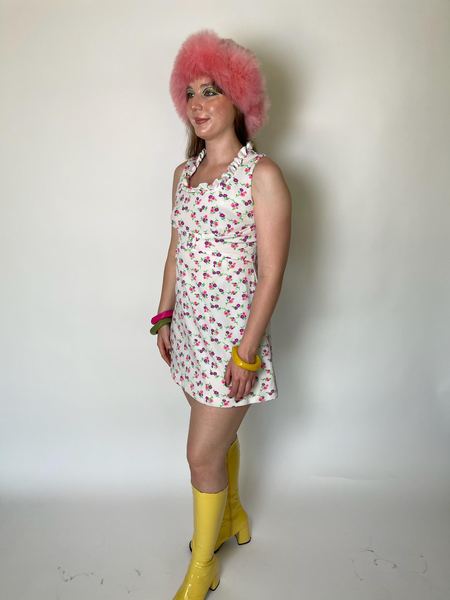 Vintage 60s 70s White with Pink and Purple Flowers Dress - Fits Size XS-S