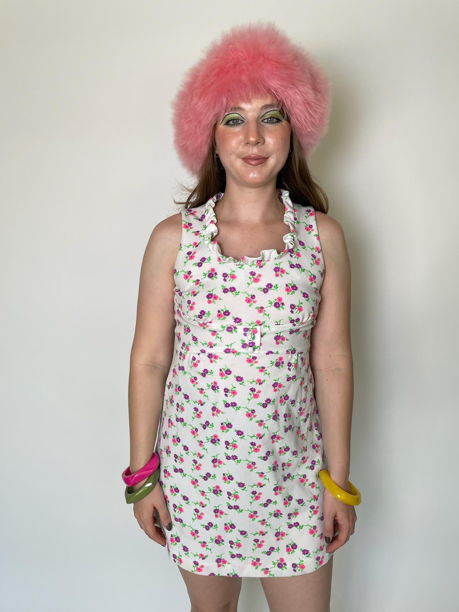 Vintage 60s 70s White with Pink and Purple Flowers Dress - Fits Size XS-S