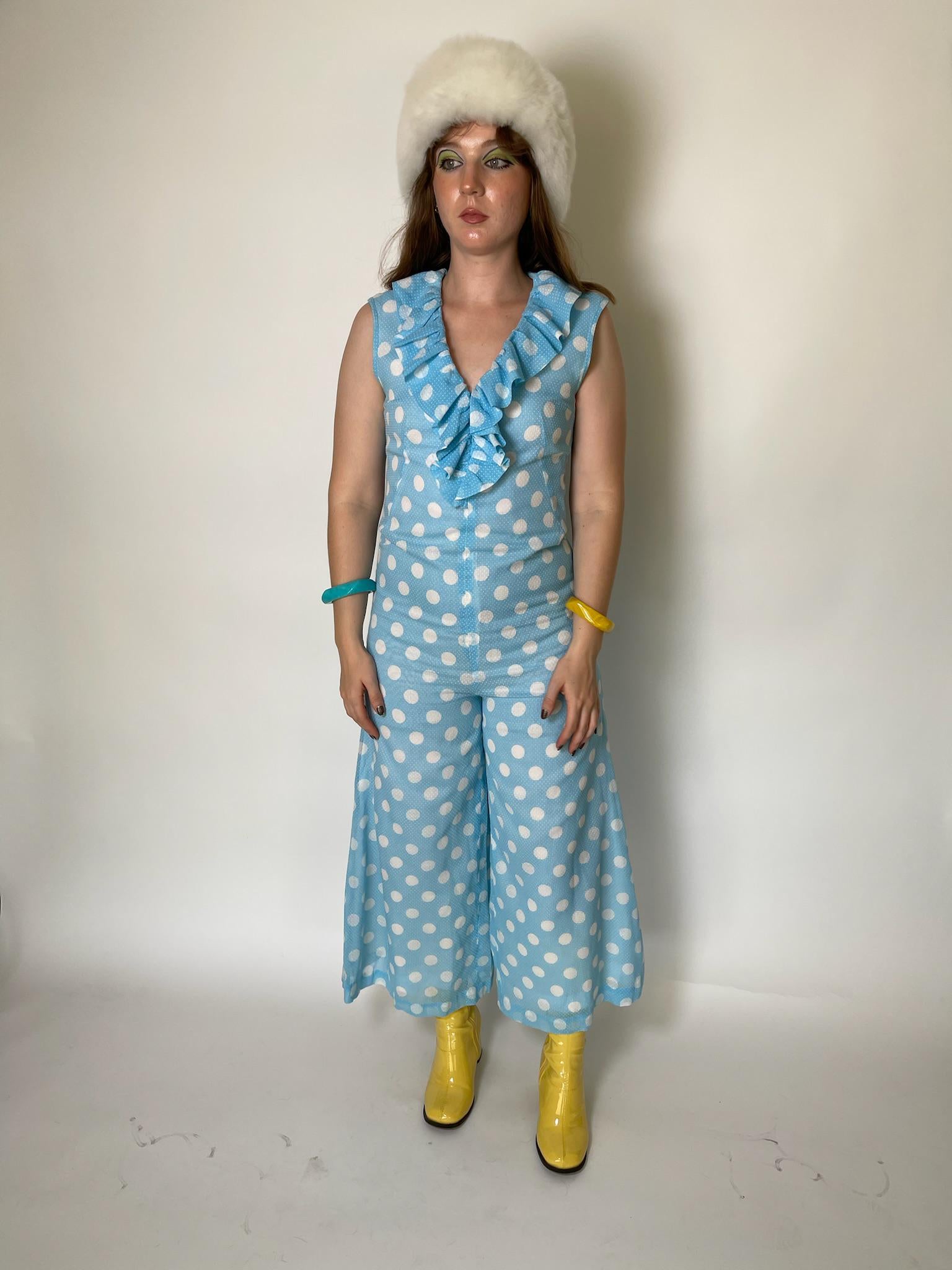 Vintage 60s Blue Jumpsuit with White Polka Dots - Fits Size S, Possibly M
