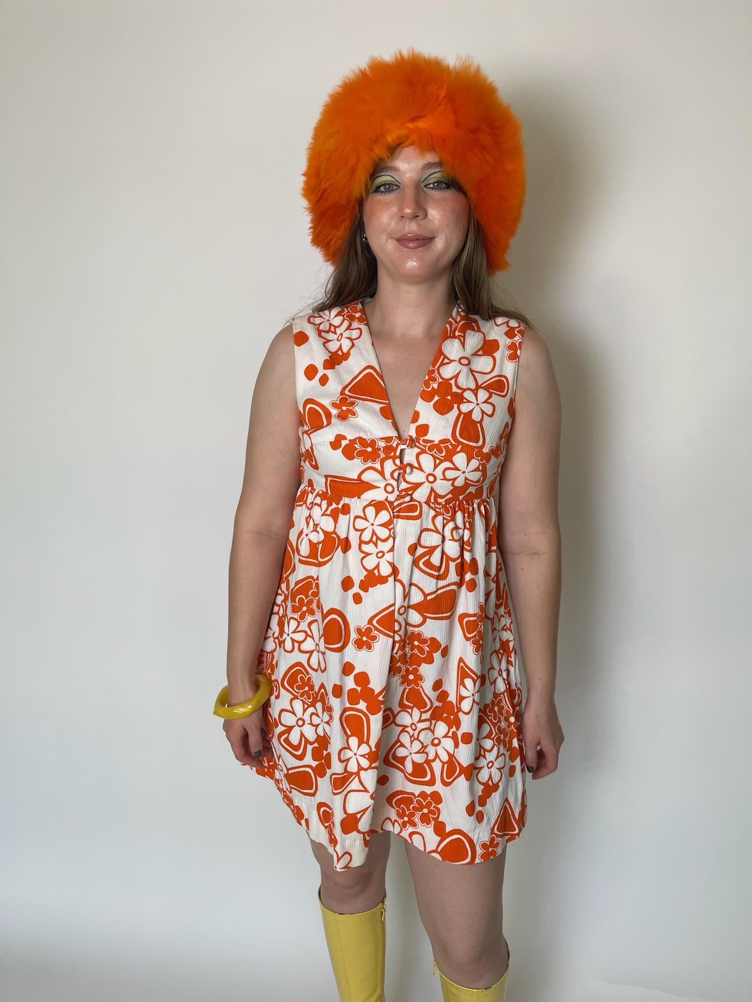 Vintage 60s Orange And White Flower Print Mini Dress - Fits Size S-M