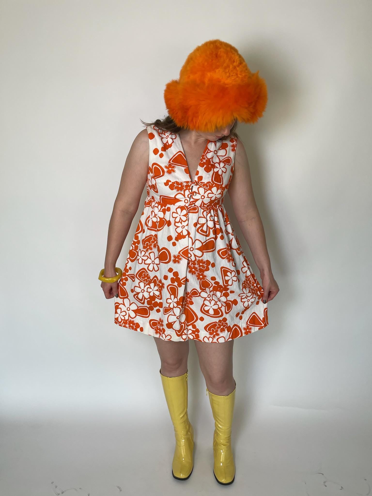 Vintage 60s Orange And White Flower Print Mini Dress - Fits Size S-M