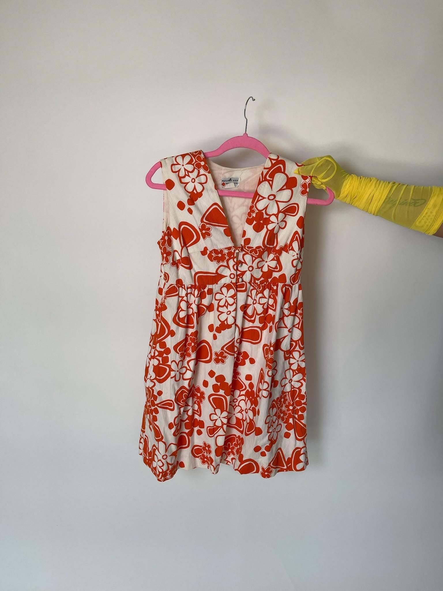 Vintage 60s Orange And White Flower Print Mini Dress - Fits Size S-M