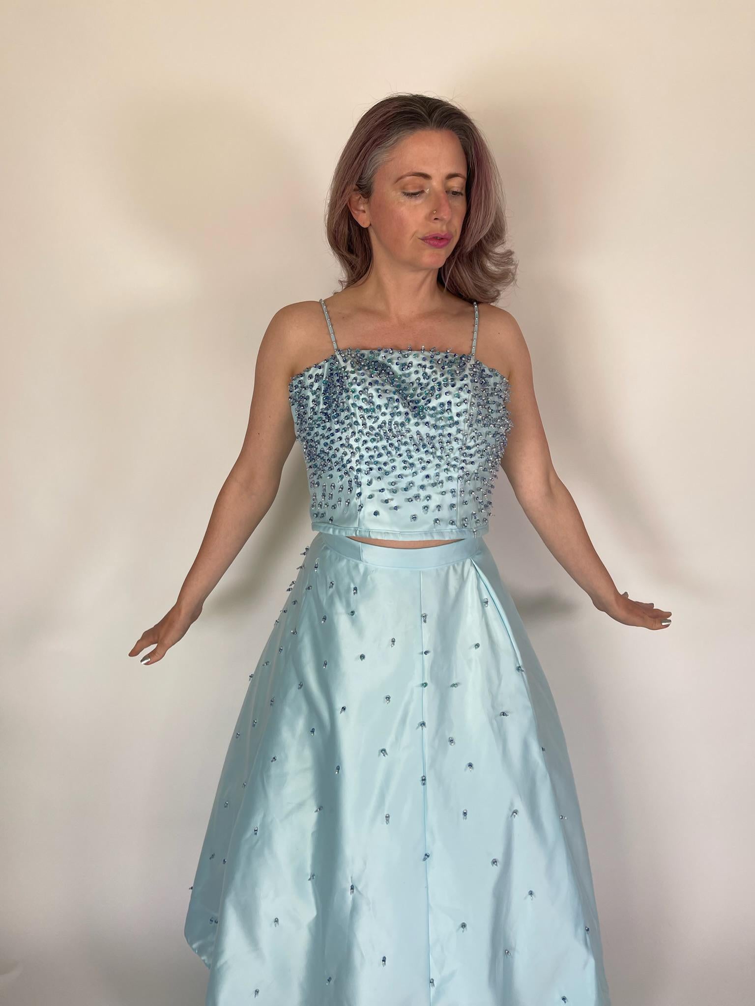 Vintage 60s 70s Reworked Blue Beaded Skirt Set - Fit S-M