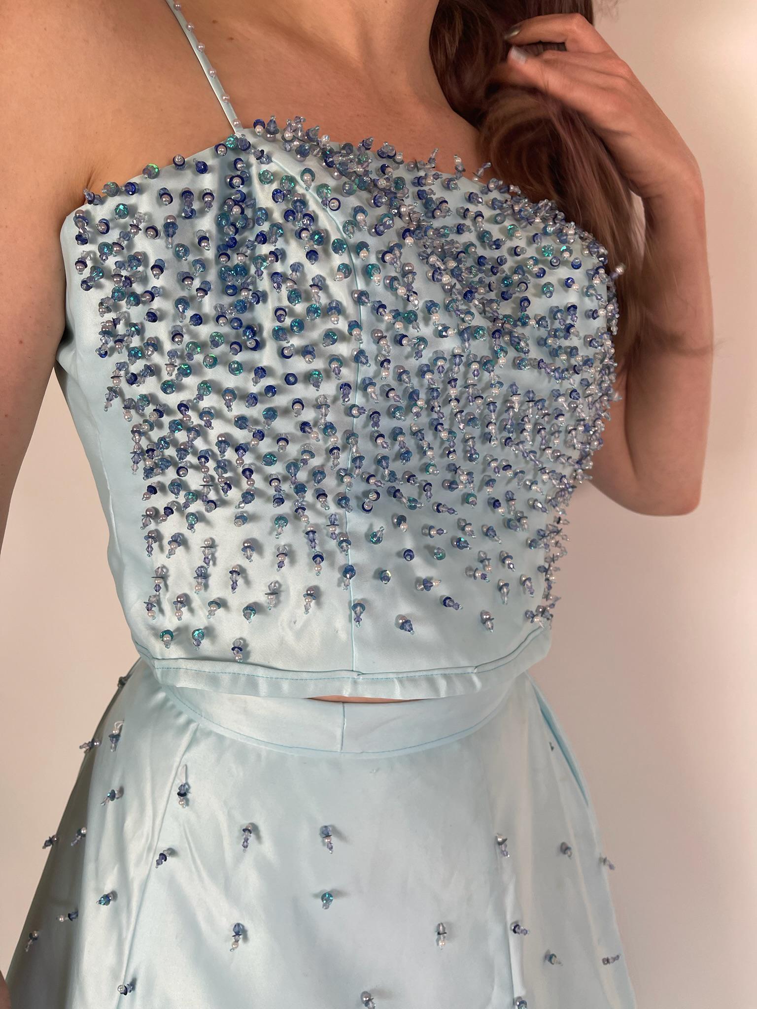 Vintage 60s 70s Reworked Blue Beaded Skirt Set - Fit S-M