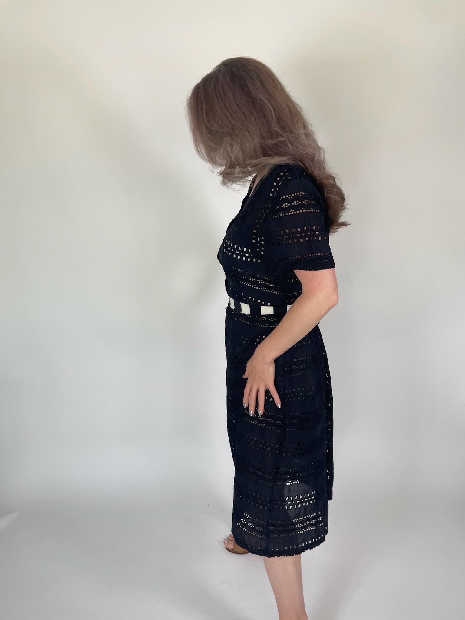 Vintage 50s Black Cotton Eyelet Dress - Fits Size M-L