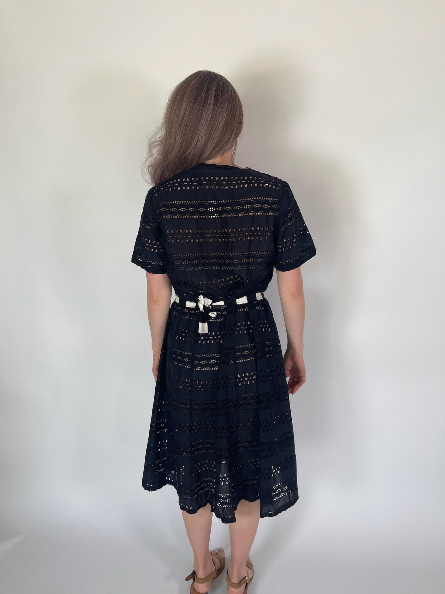 Vintage 50s Black Cotton Eyelet Dress - Fits Size M-L