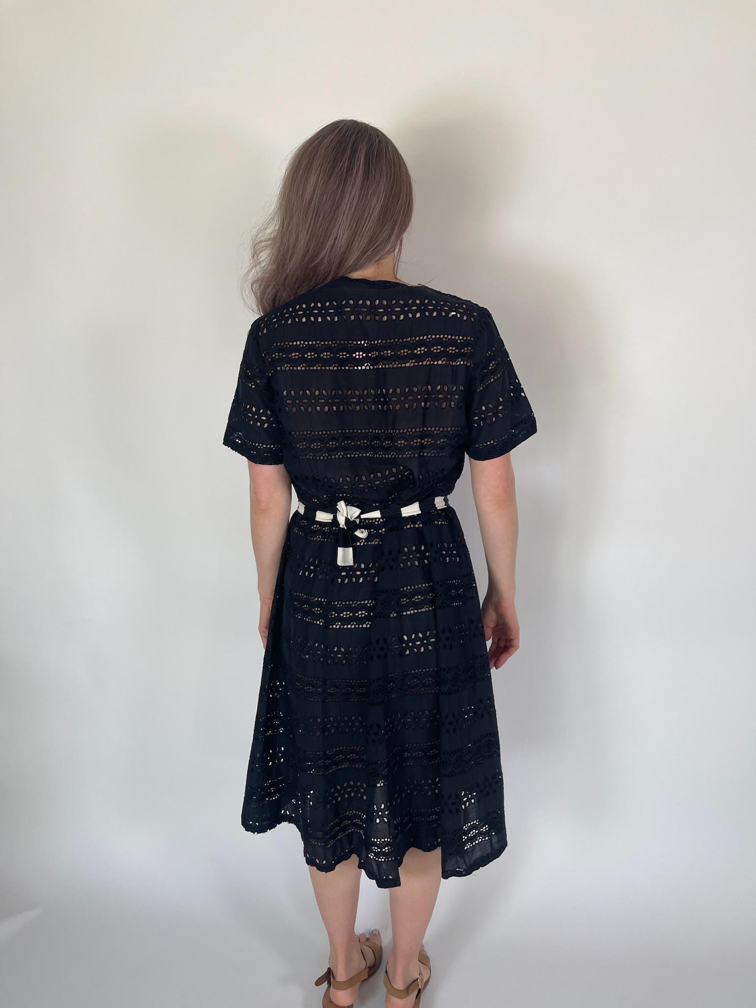 Vintage 50s Black Cotton Eyelet Dress - Fits Size M-L