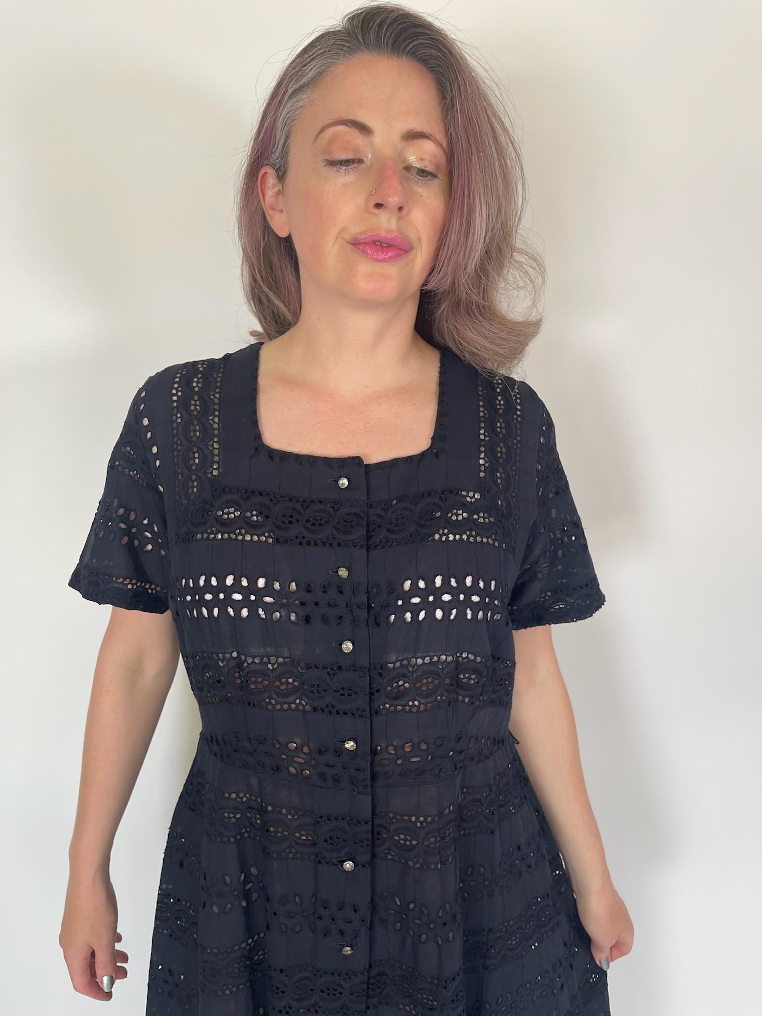 Vintage 50s Black Cotton Eyelet Dress - Fits Size M-L