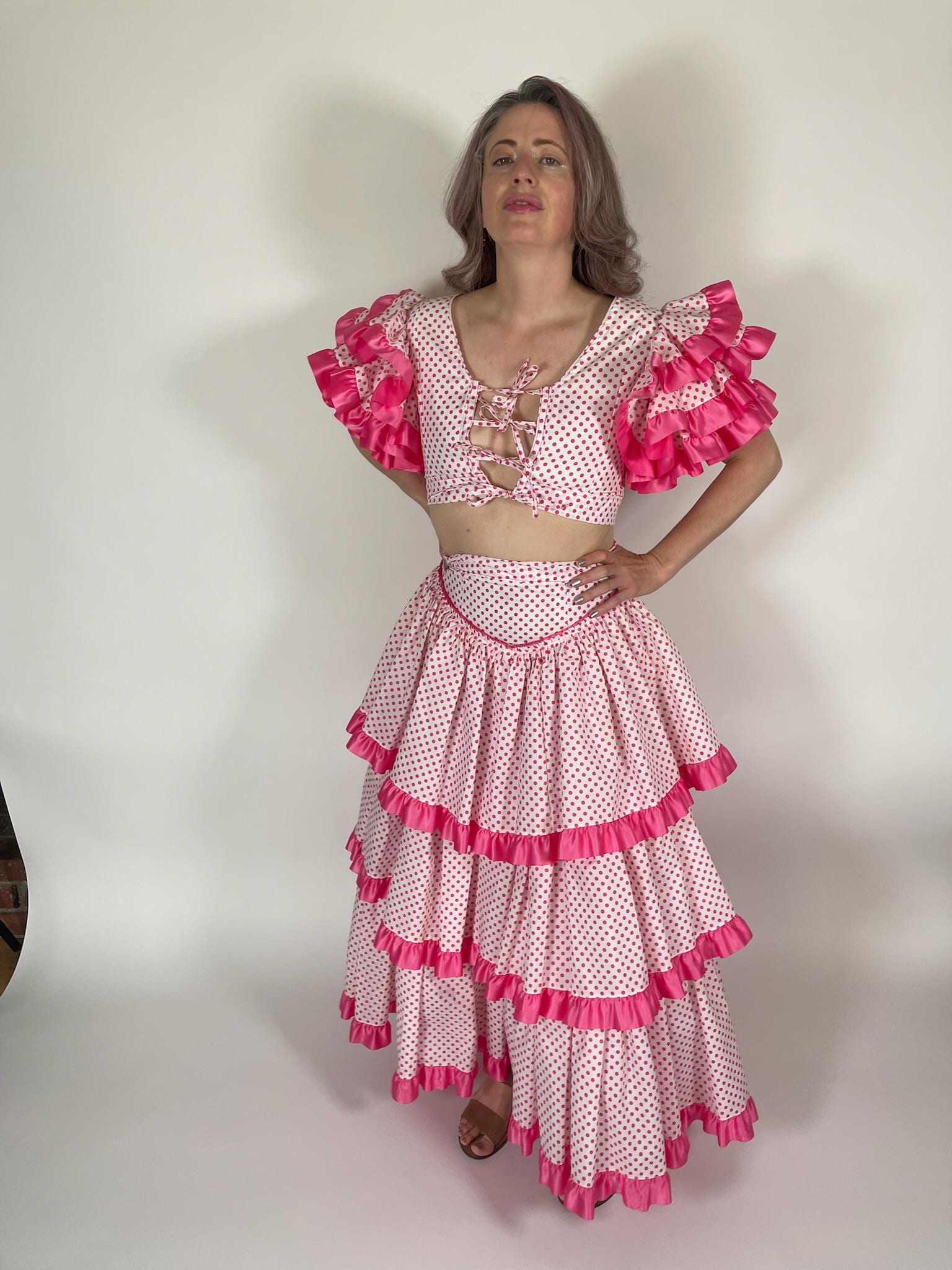 Reworked Vintage 50s Pink Polka Dot Flamenco Skirt Set - Fits Size XS-M