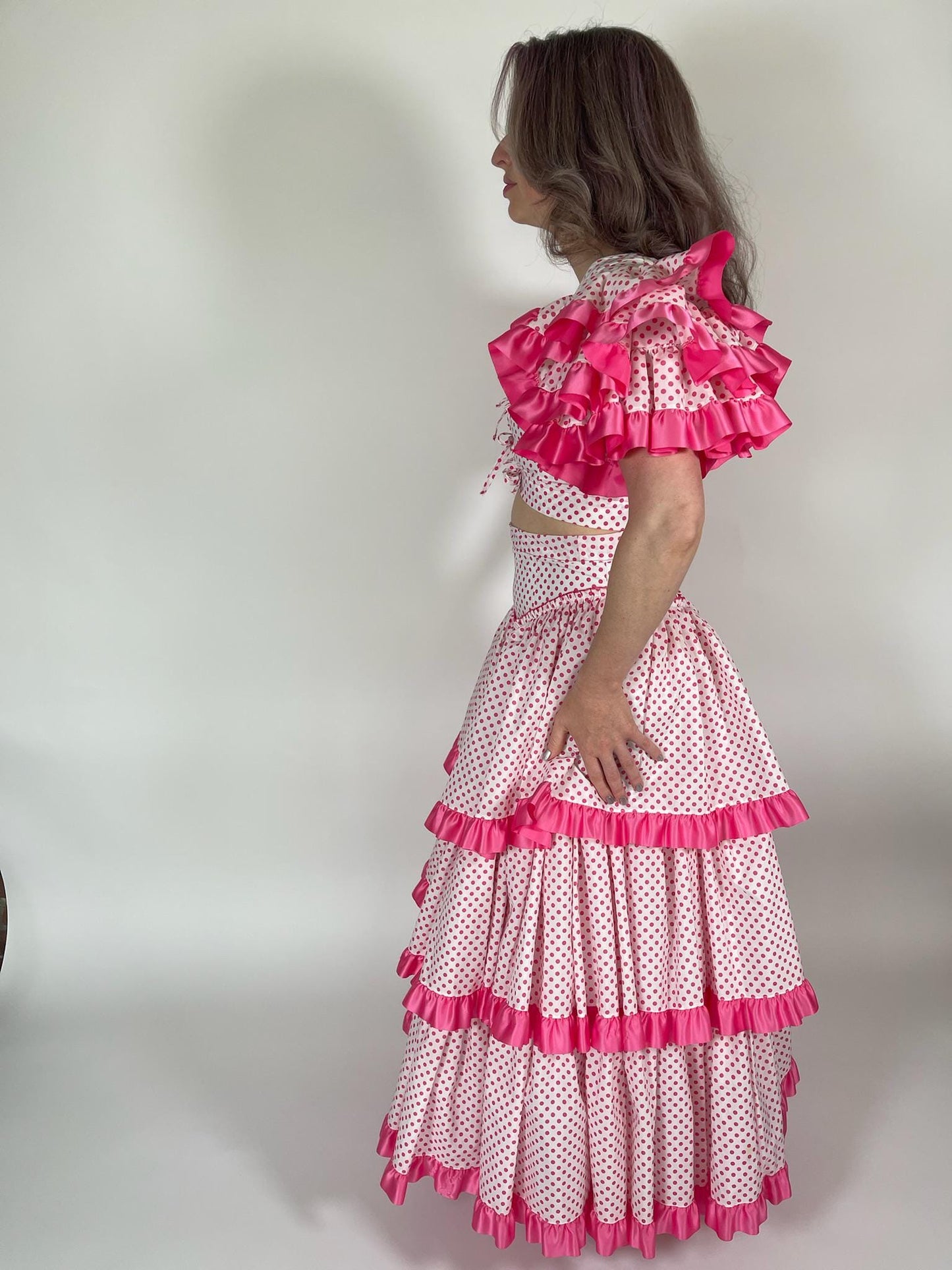 Reworked Vintage 50s Pink Polka Dot Flamenco Skirt Set - Fits Size XS-M