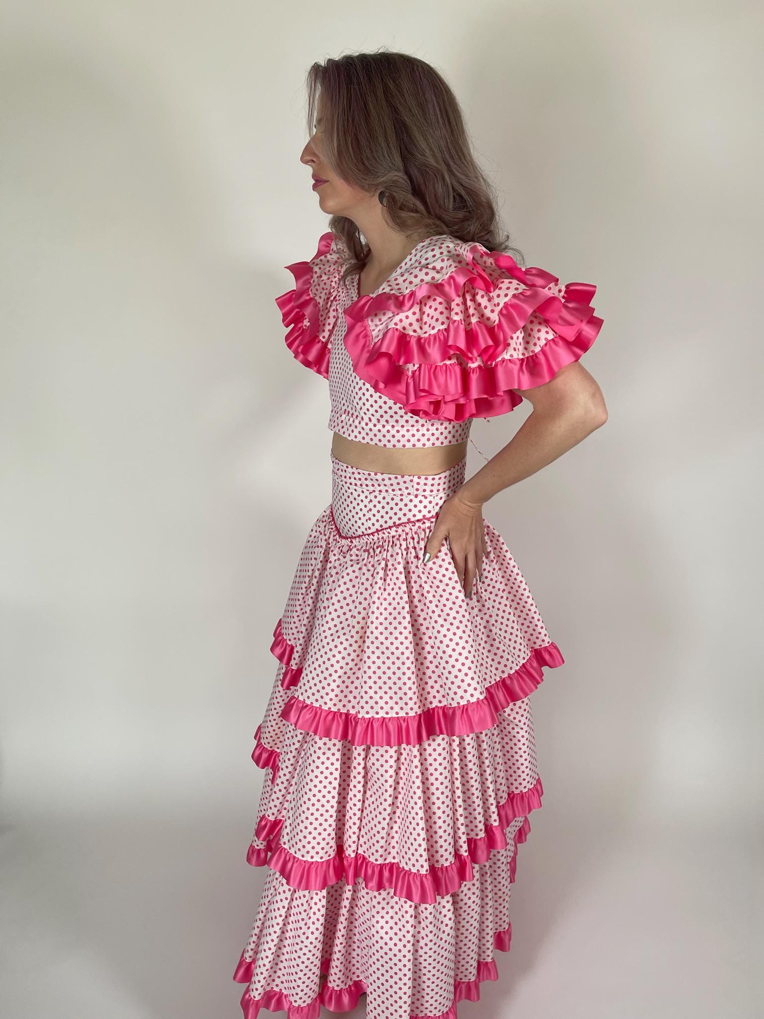 Reworked Vintage 50s Pink Polka Dot Flamenco Skirt Set - Fits Size XS-M