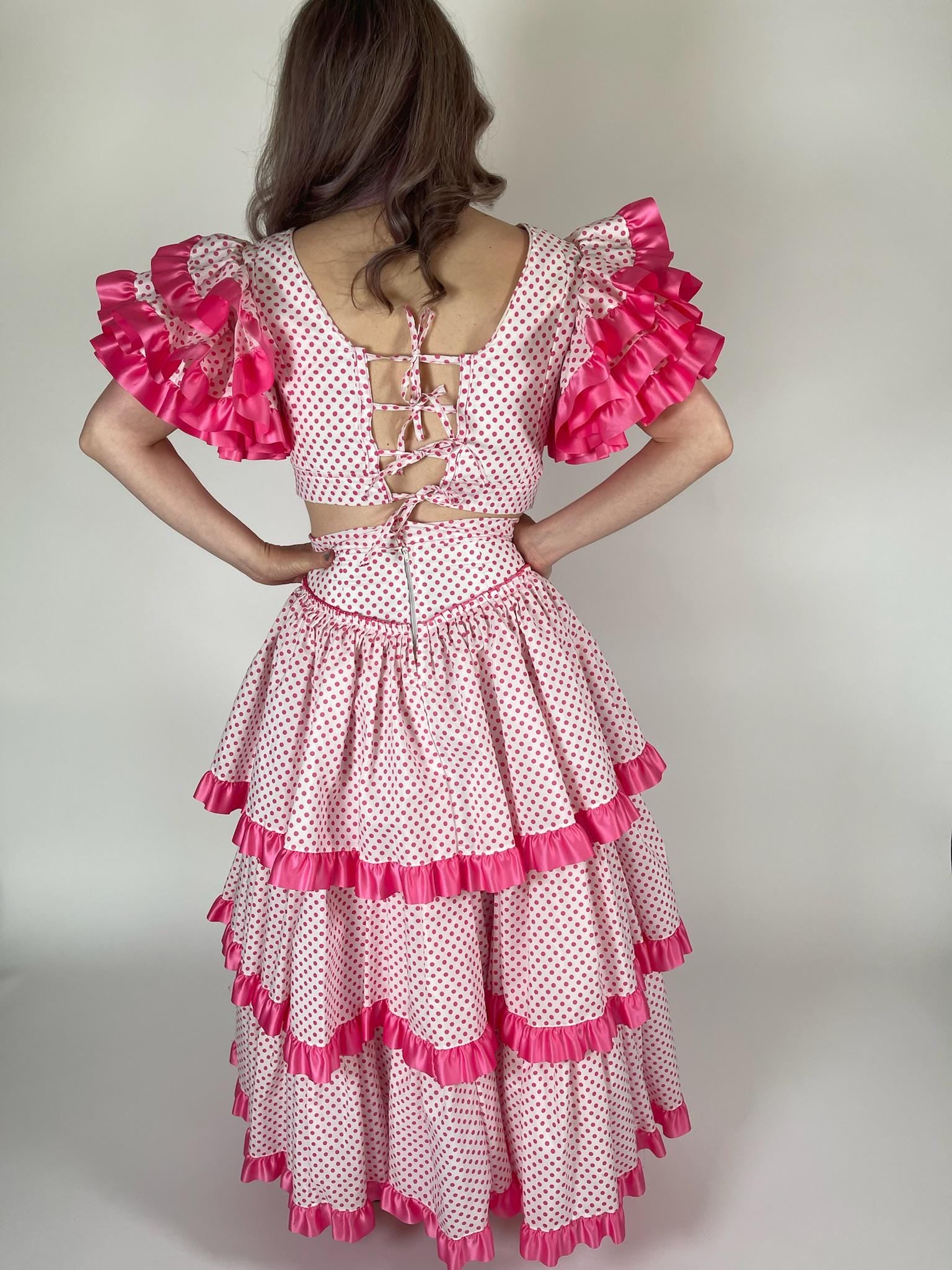 Reworked Vintage 50s Pink Polka Dot Flamenco Skirt Set - Fits Size XS-M