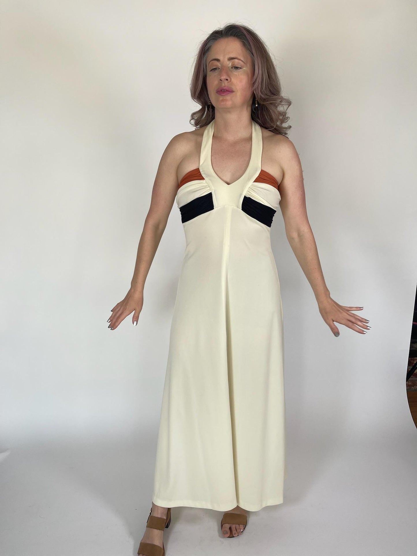 Vintage 60s 70s Beige Maxi Dress Set - Fits Size XS-M