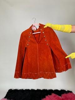 Vintage 60s 70s Orange Suede Leather Cape Poncho - Fits Most Sizes
