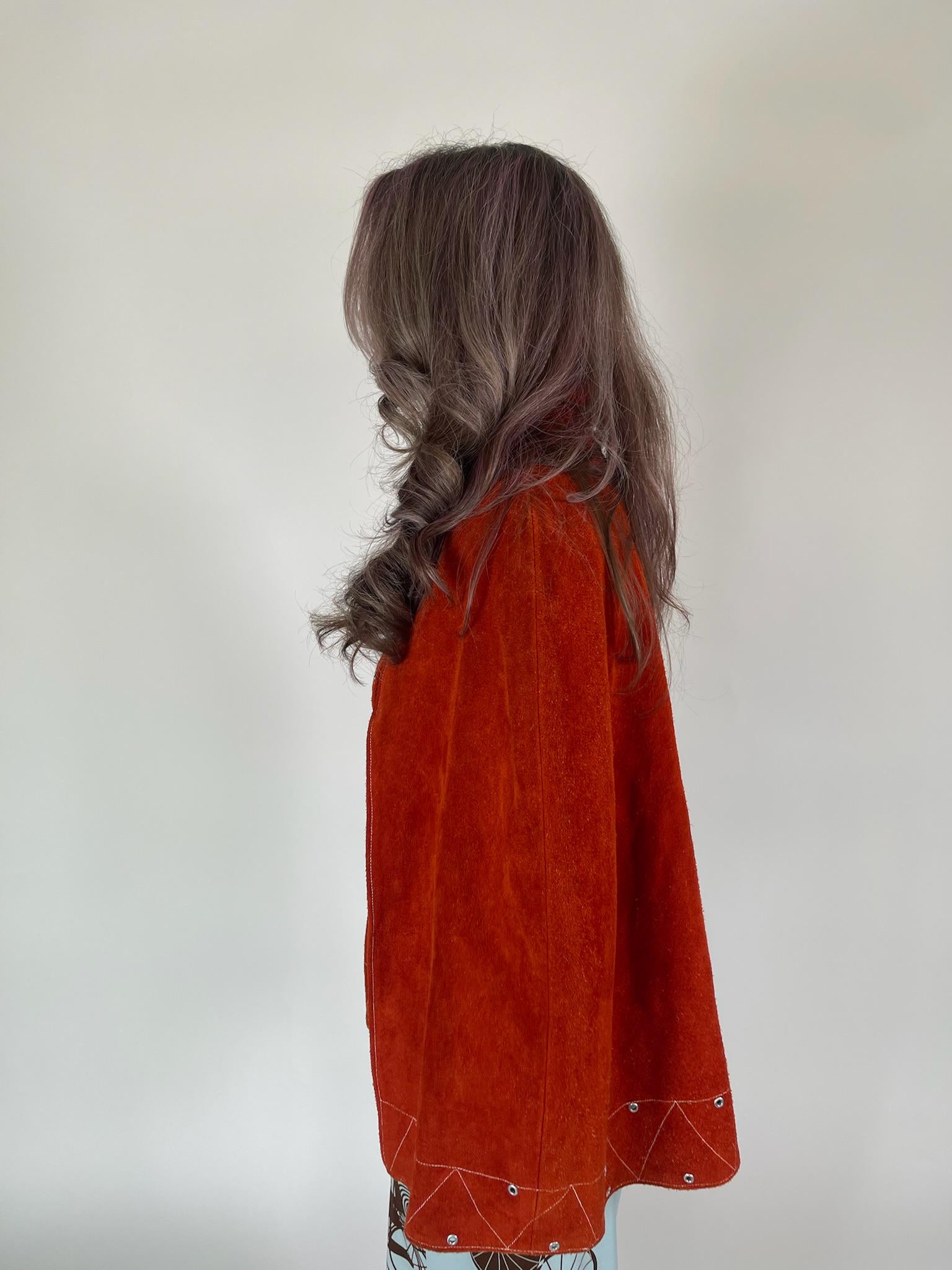 Vintage 60s 70s Orange Suede Leather Cape Poncho - Fits Most Sizes