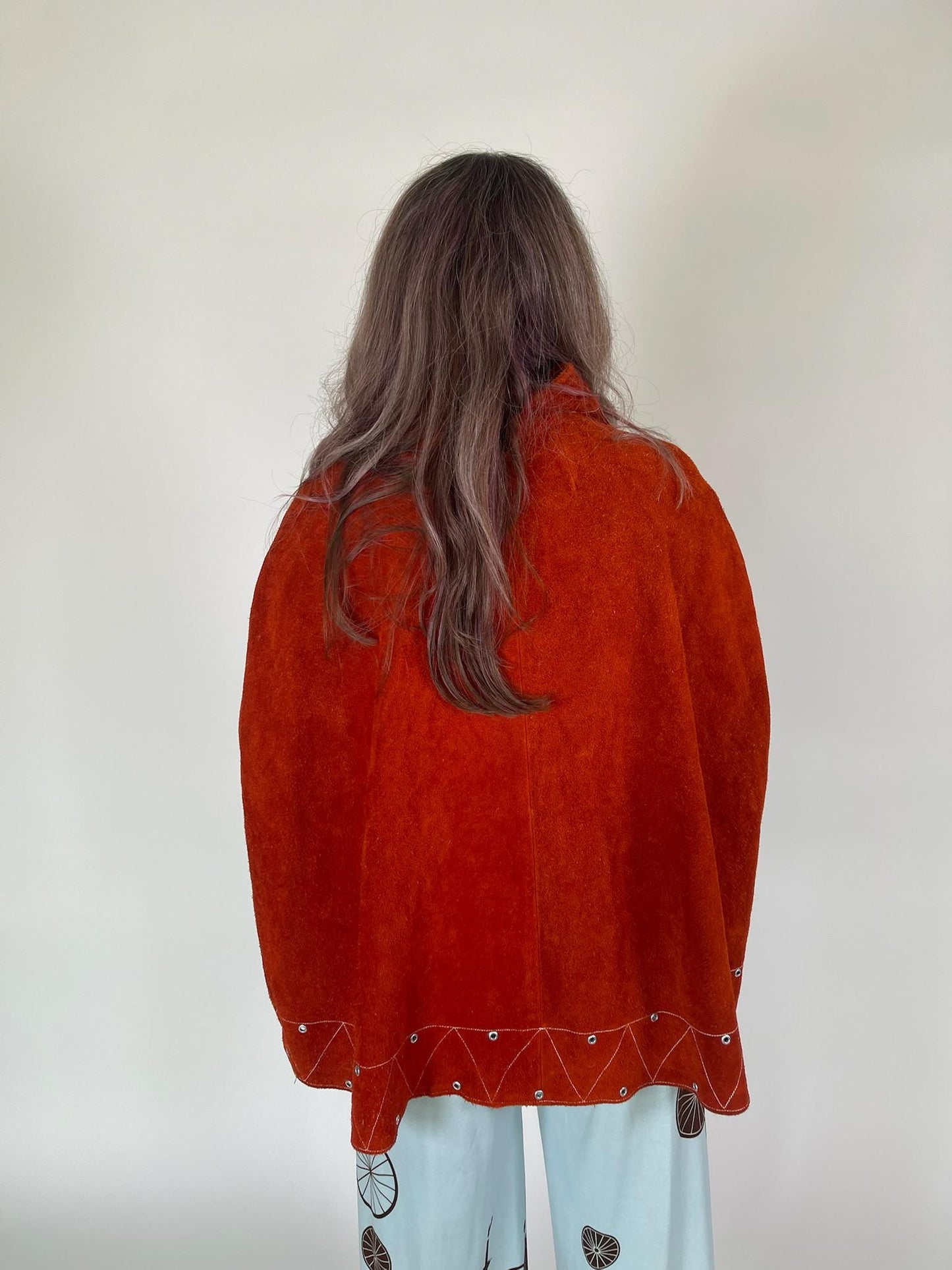 Vintage 60s 70s Orange Suede Leather Cape Poncho - Fits Most Sizes