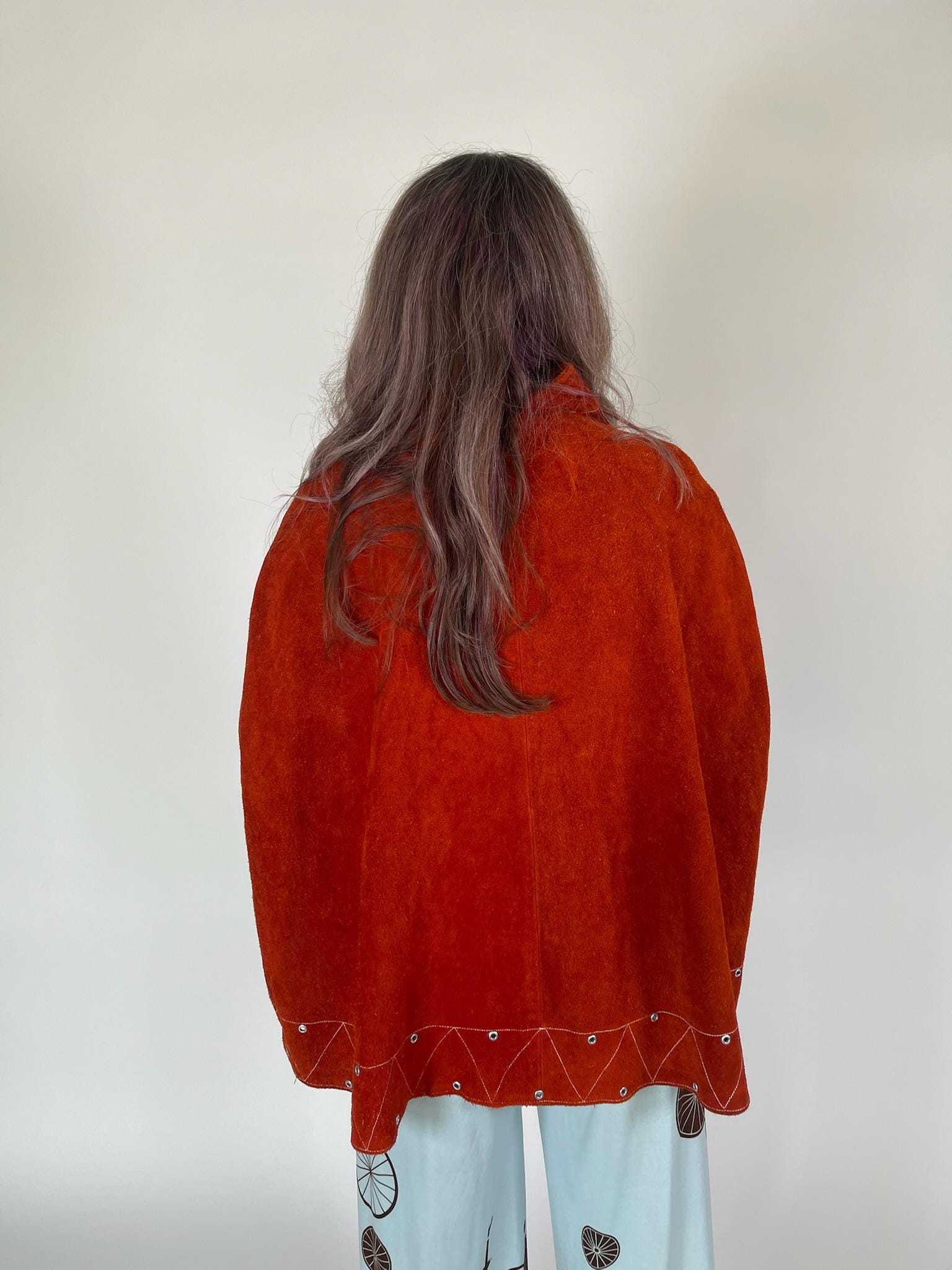 Vintage 60s 70s Orange Suede Leather Cape Poncho - Fits Most Sizes