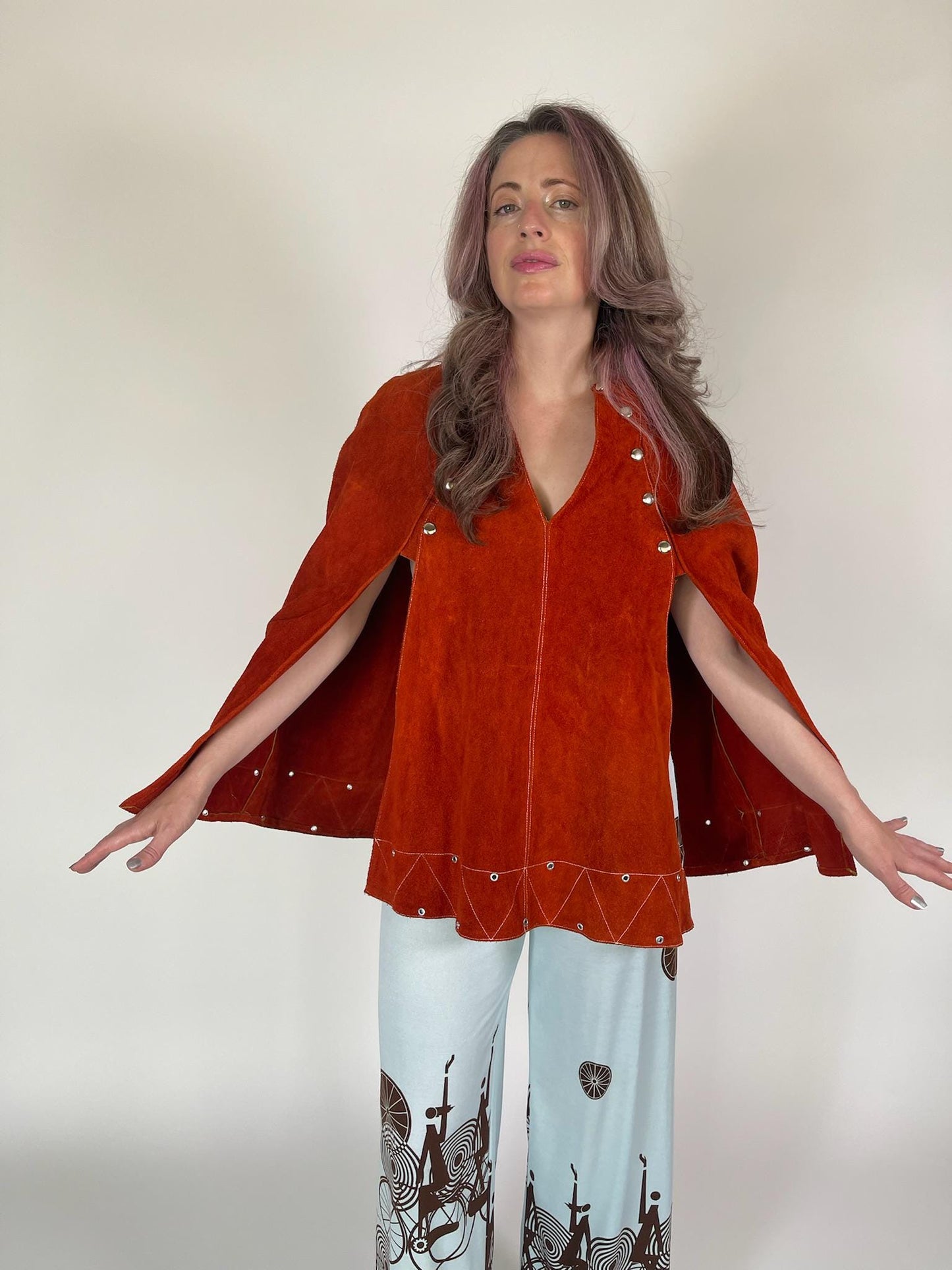 Vintage 60s 70s Orange Suede Leather Cape Poncho - Fits Most Sizes