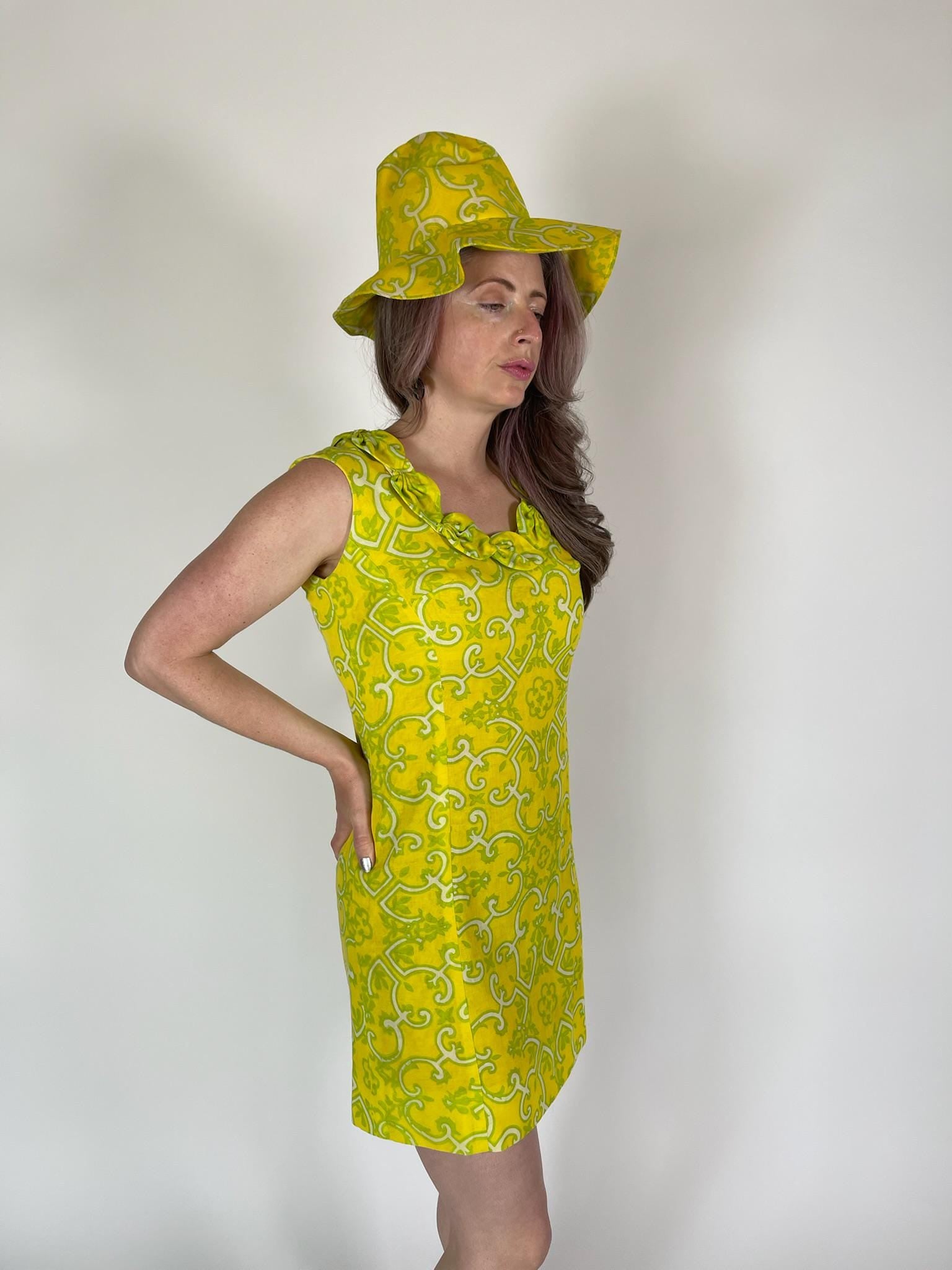 Vintage 60s "Lisa Cobb for Saks Fifth Avenue" Yellow Hat and Dress Set - Fits Size XS-S