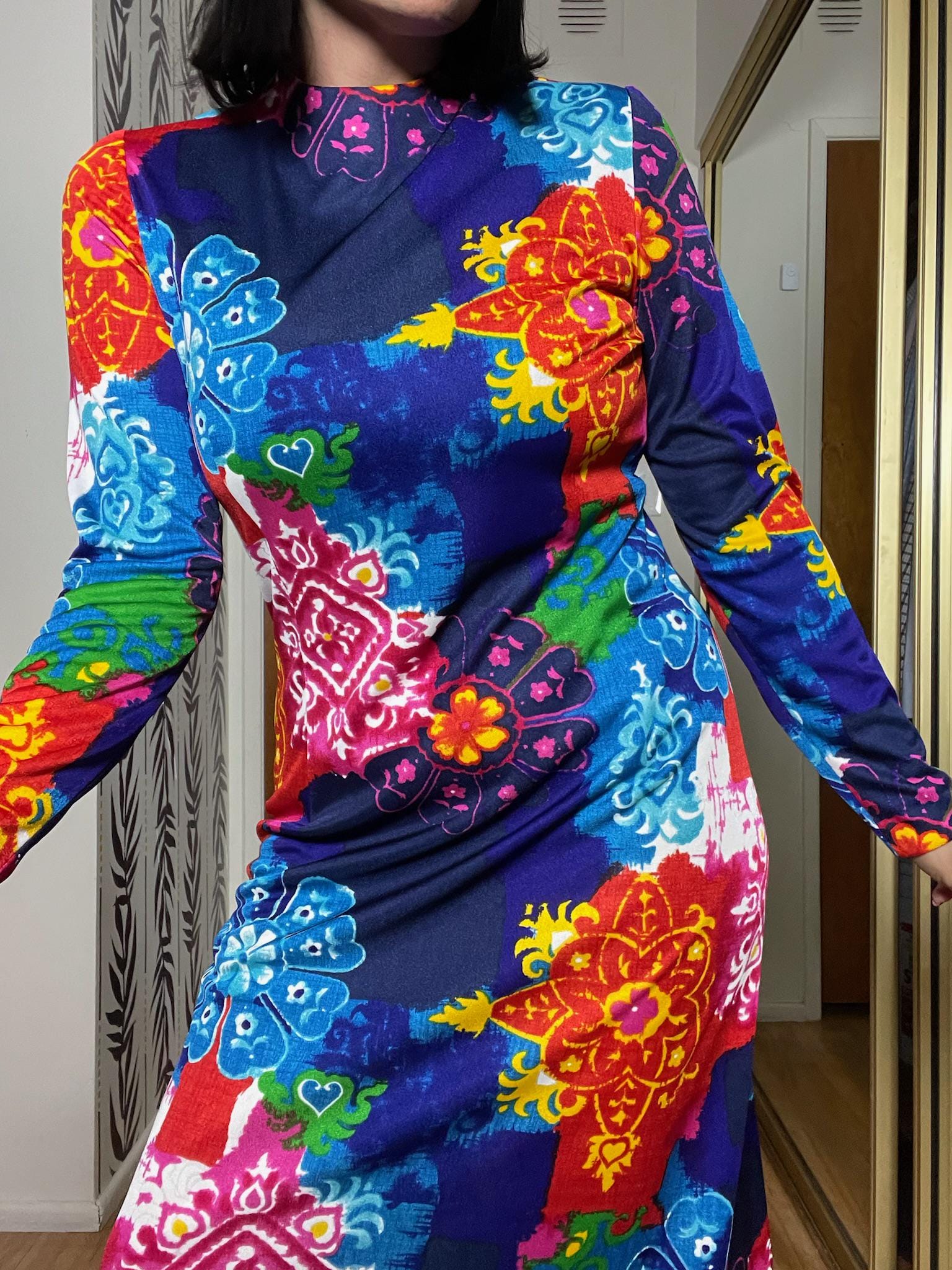 Vintage 70s "Collector's Items by Anne Fogarty" Multicolored Long Sleeve Maxi Dress - Fits Size S-L