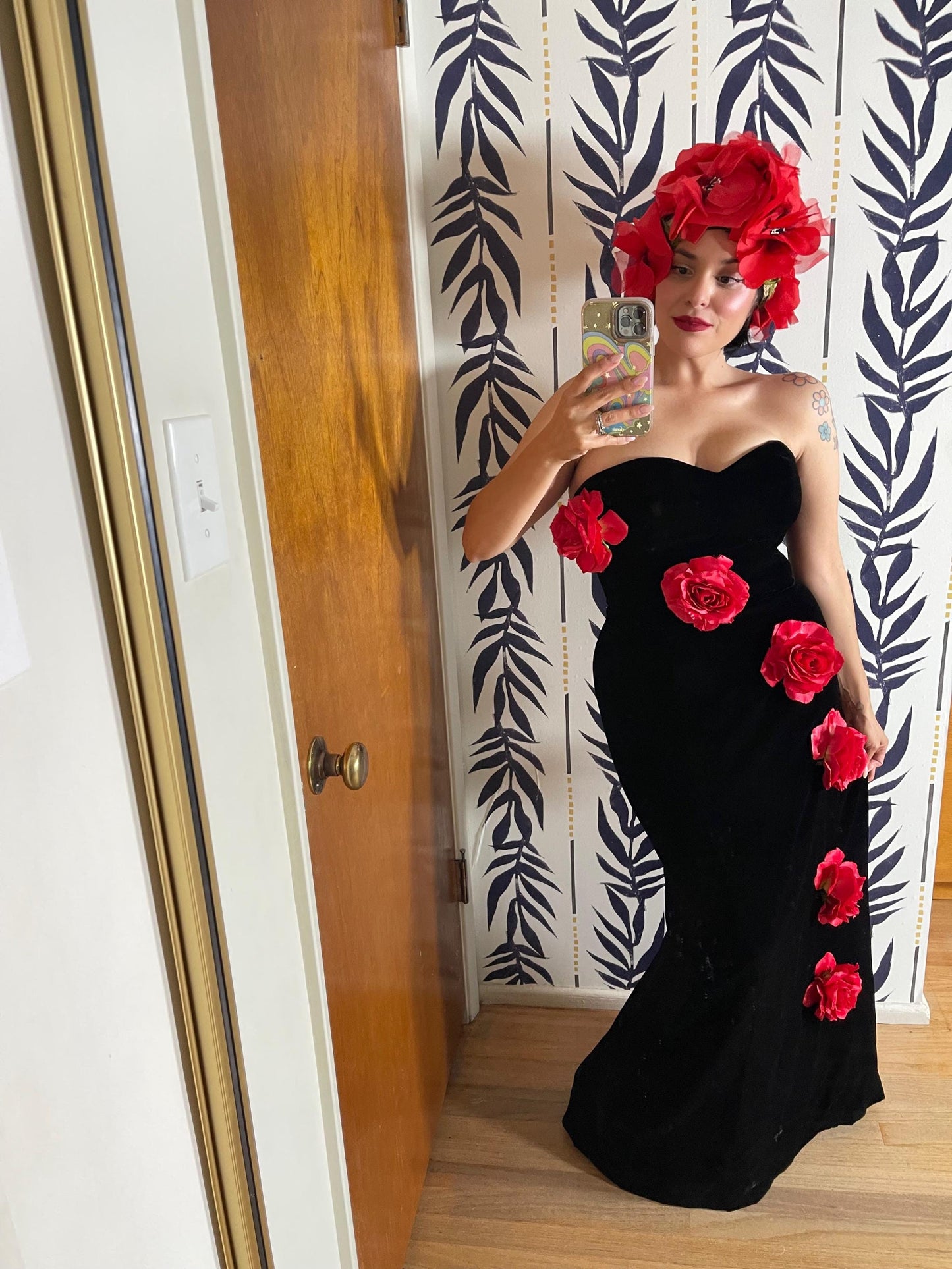 80s Victor Costa Velvet Strapless Gown w/ Red 3-D Flowers