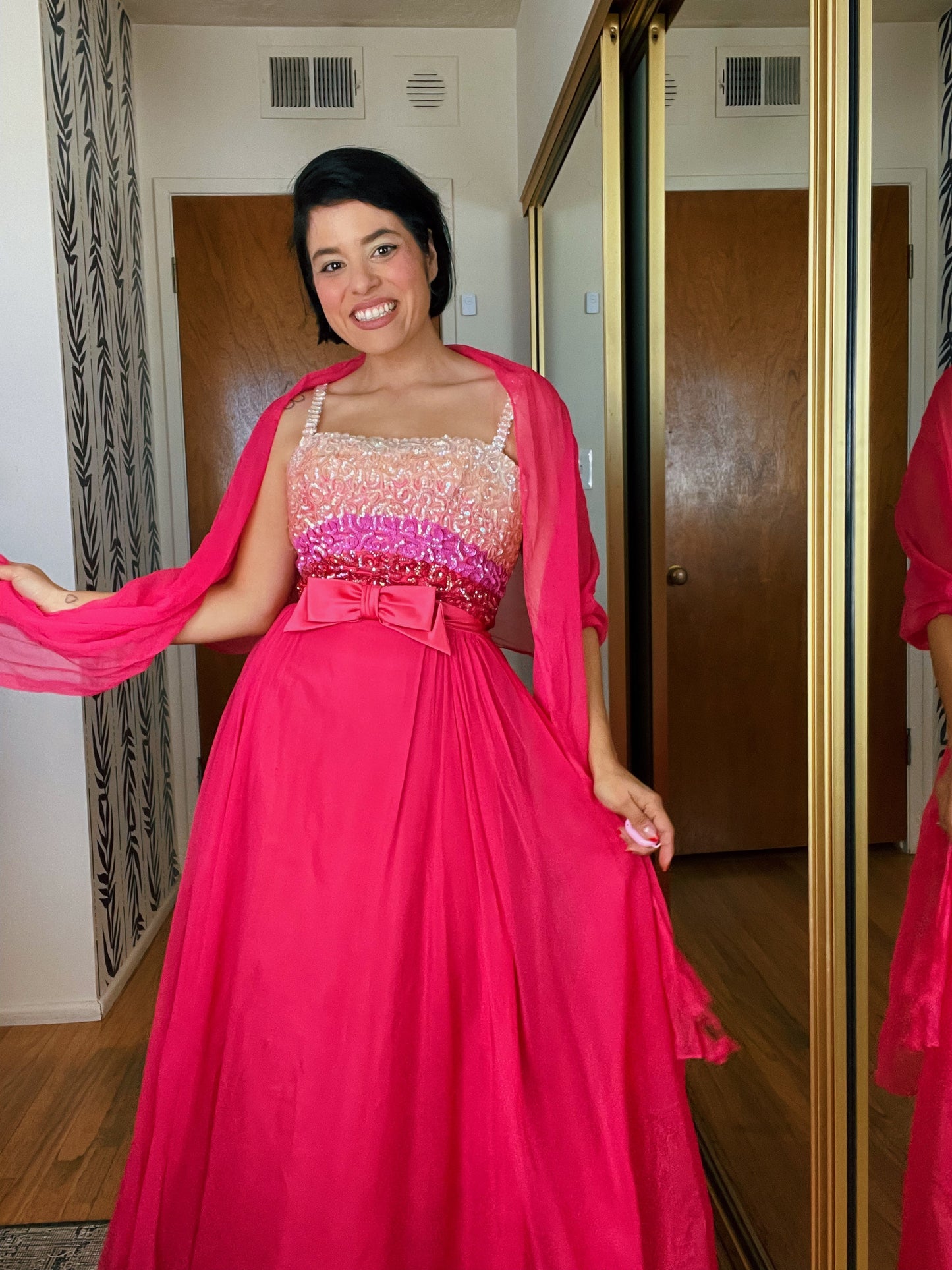 Vintage 60s Ombré Emma Domb Sequins Chiffon Gown Set Fits Sizes XXS-XS