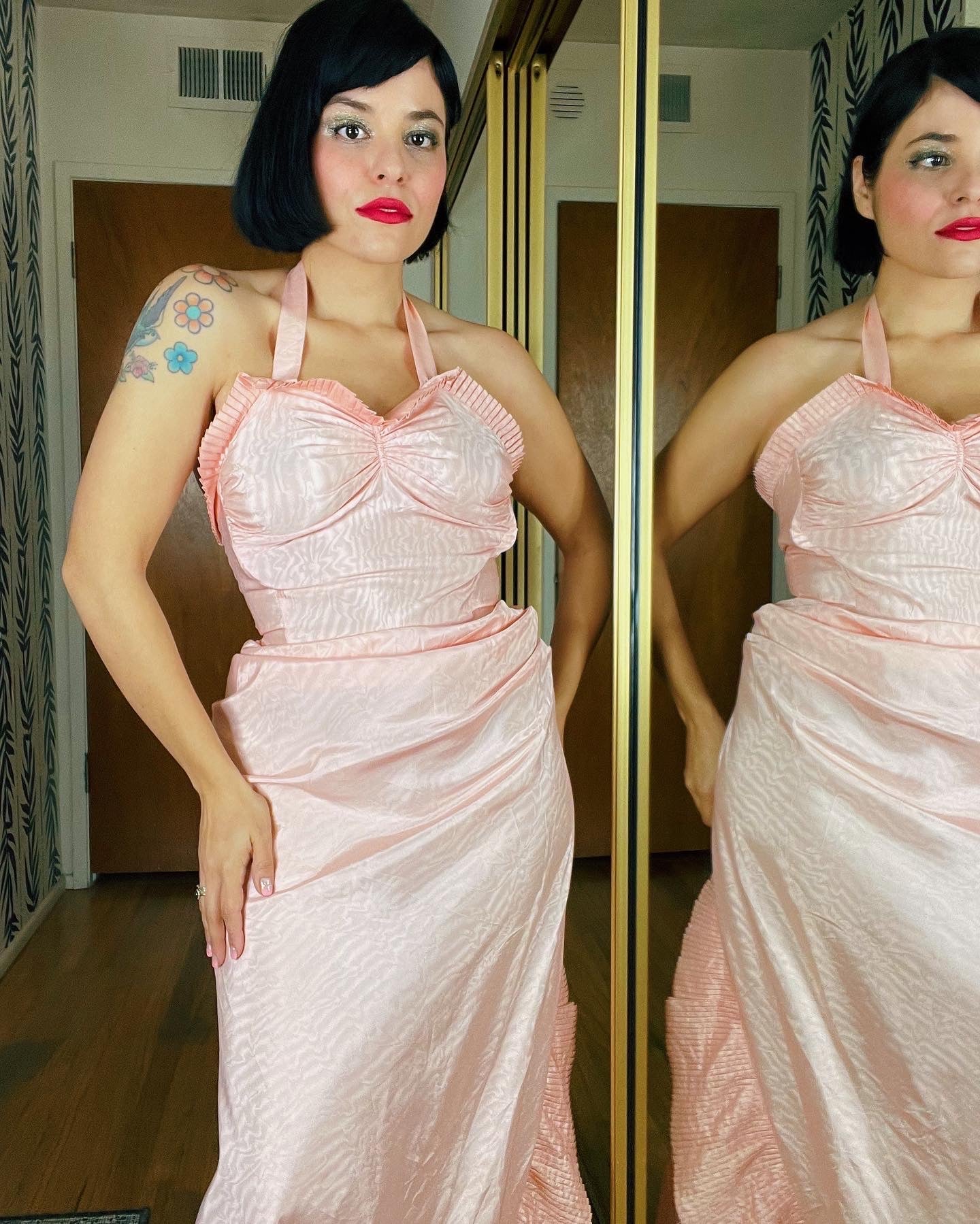 Vintage 40s Pink Halter Mermaid Fitted Gown Fits Sizes XXS-XS