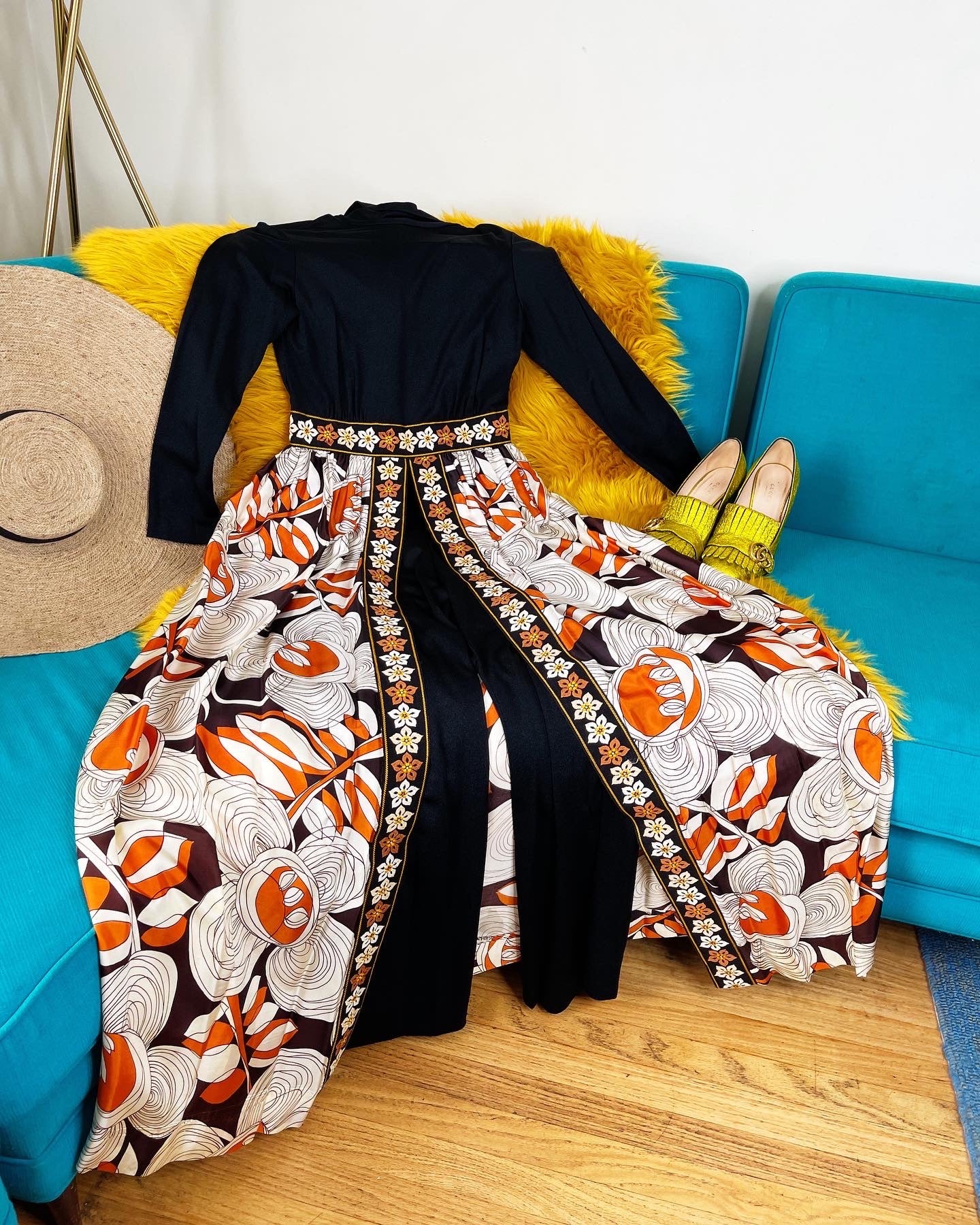 Vintage 60s / 70s Hostess Embroidered Trim Jumpsuit Fits XS-SM