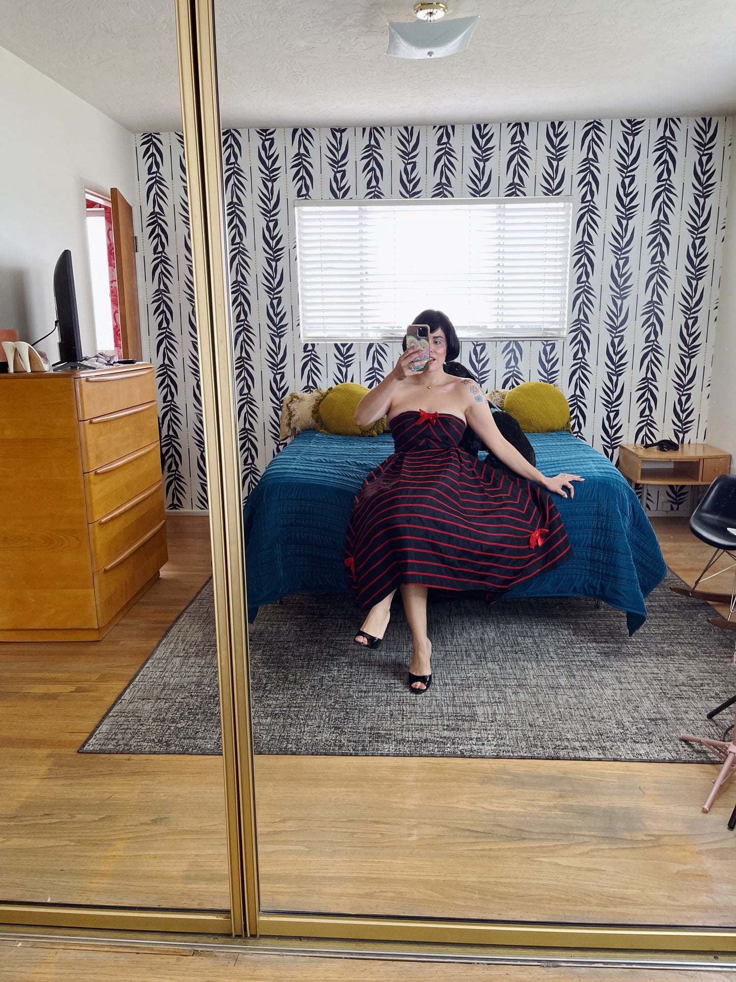 Vintage 50s / 60s Emma Domb Strapless Bow Dress Red Trim Velvet Bow Strapless Cocktail Dress Fits sizes XS-SM