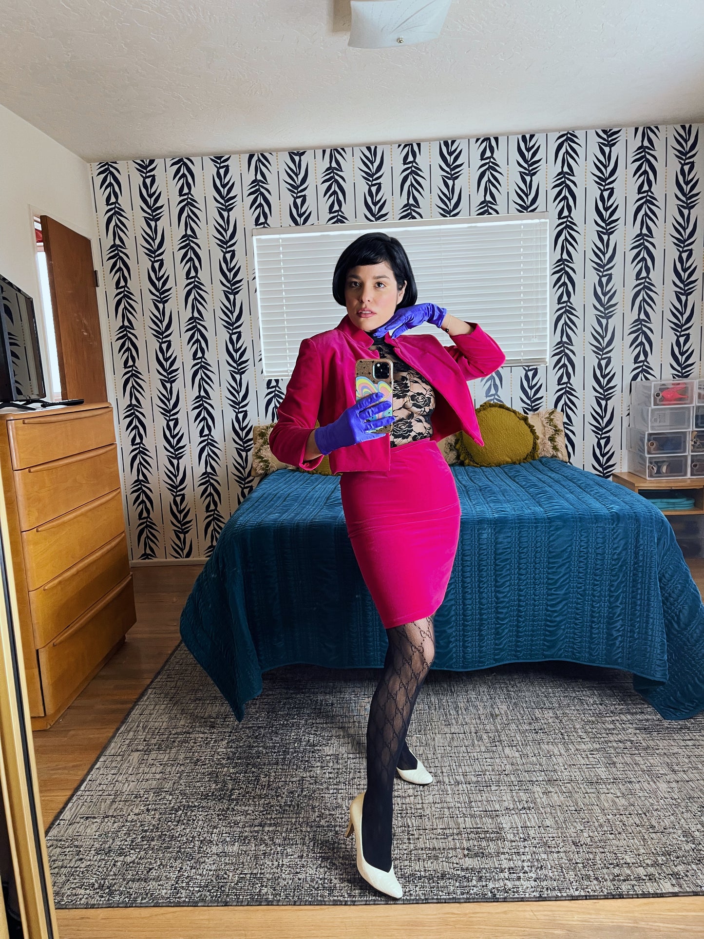 Vintage 60s Hot Pink Velvet Blazer Pencil Skirt Set Fits Sizes XXS-XS