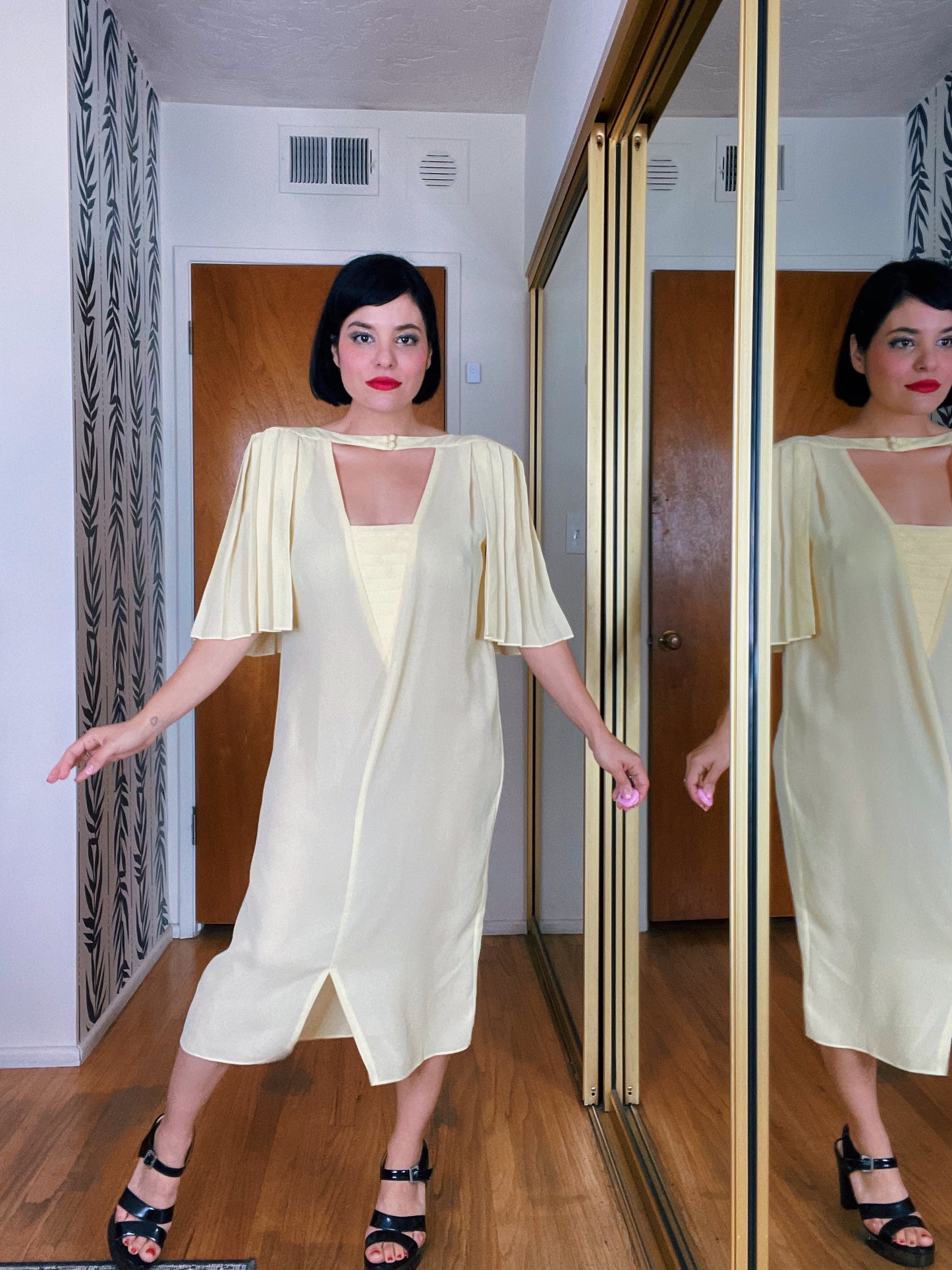 Vintage 80s Buttermilk Yellow Pleated Draped Sleeves Dress Fits Sizes XS-M & Possible Size L