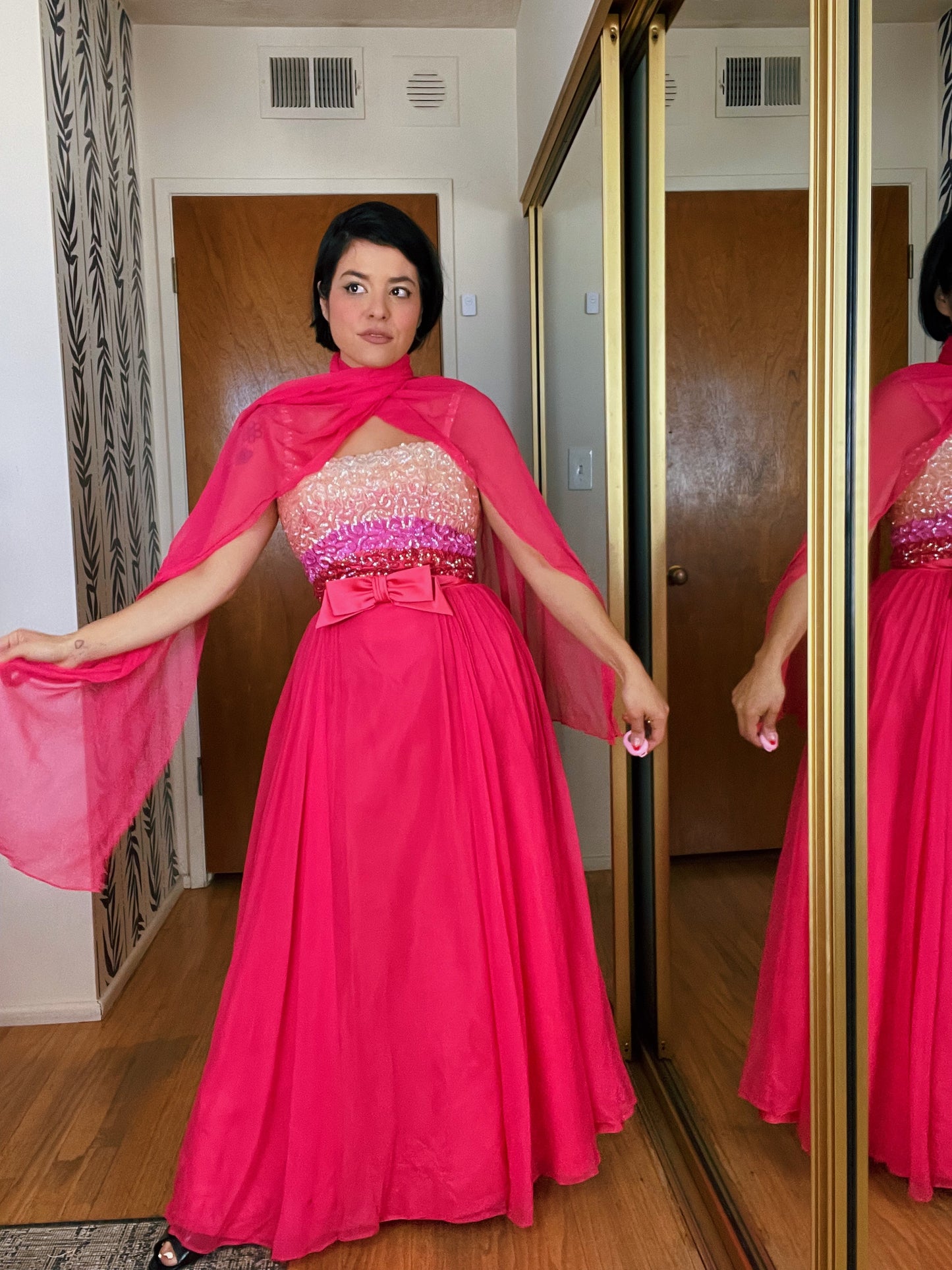 Vintage 60s Ombré Emma Domb Sequins Chiffon Gown Set Fits Sizes XXS-XS