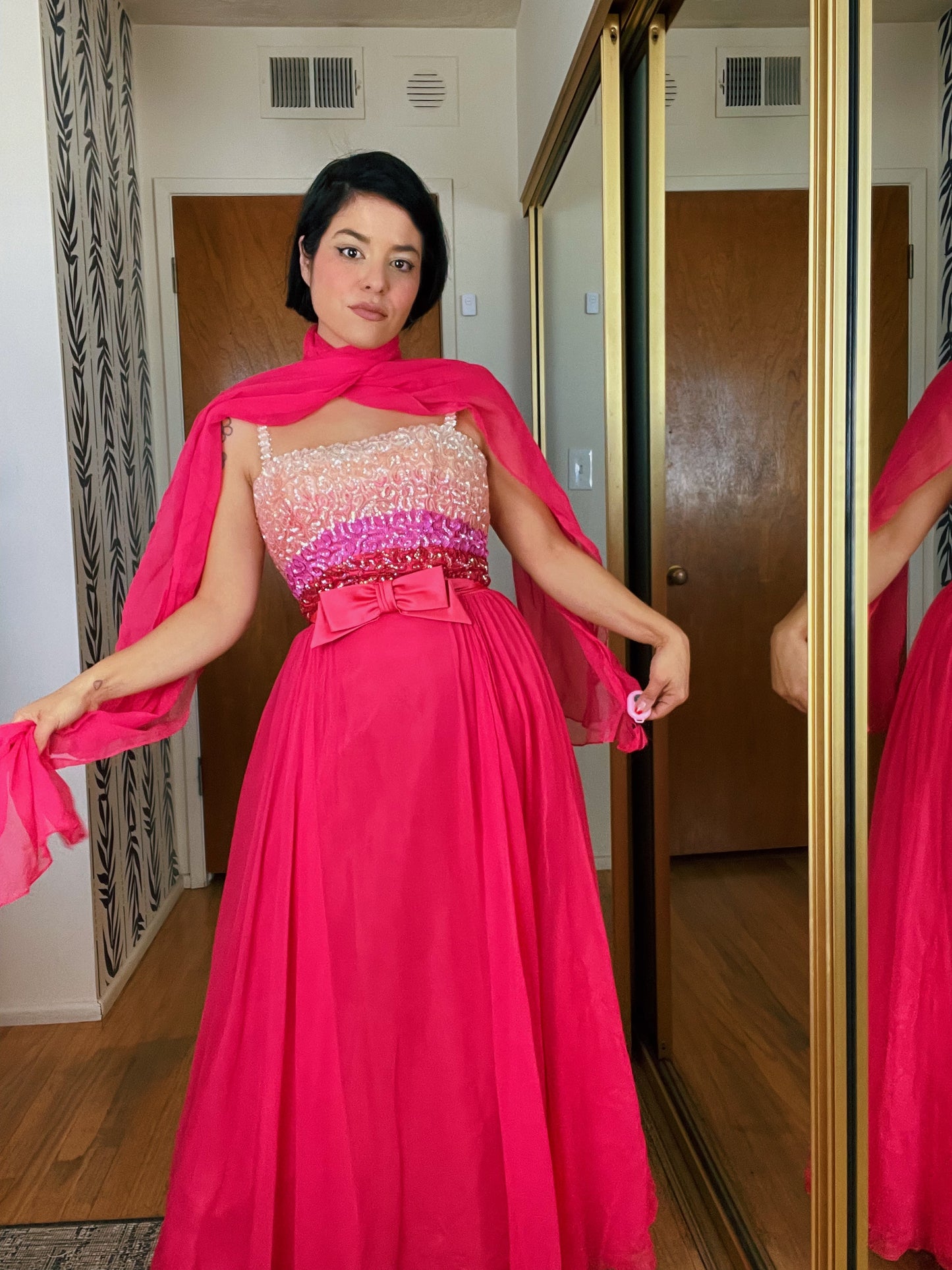 Vintage 60s Ombré Emma Domb Sequins Chiffon Gown Set Fits Sizes XXS-XS